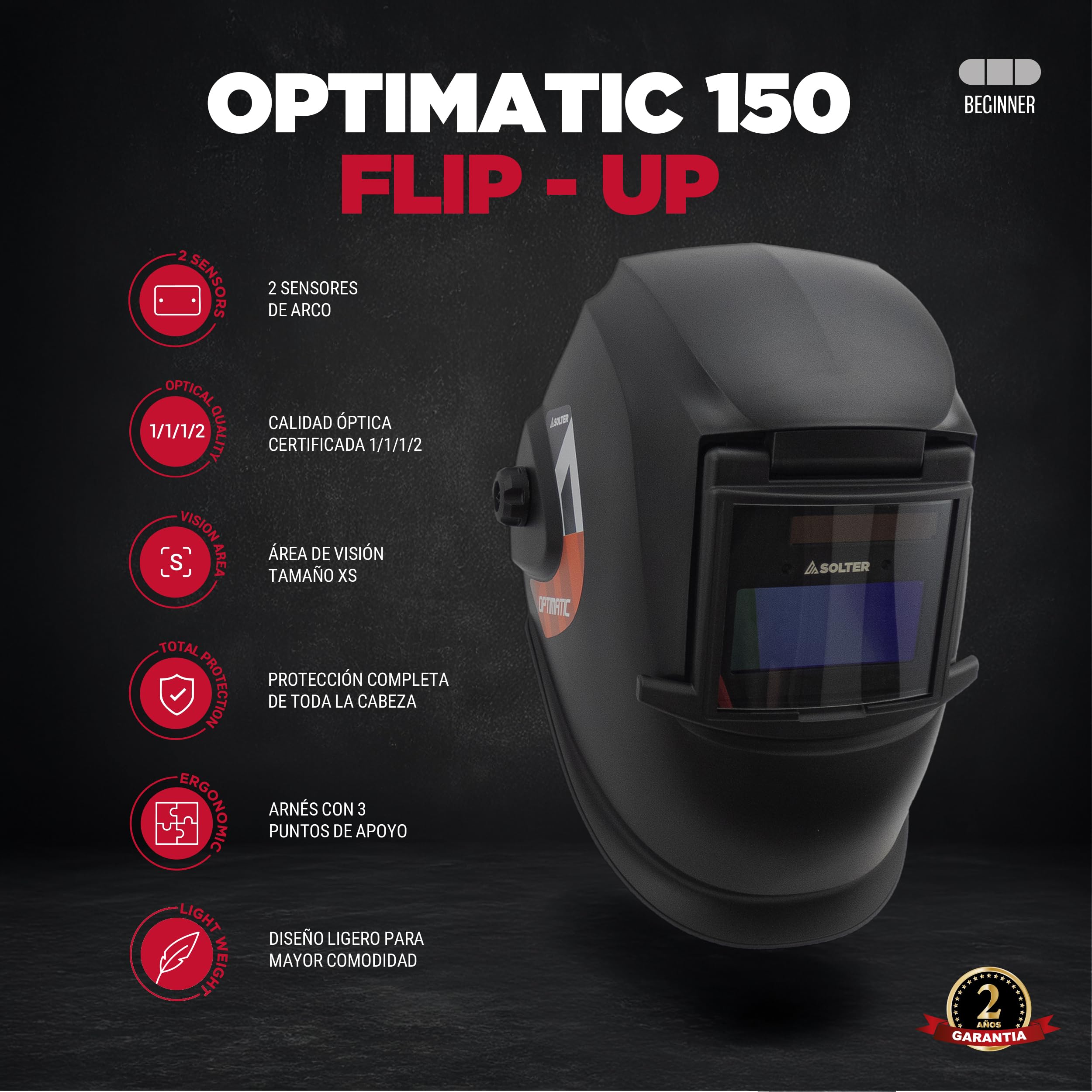 Pantalla de Soldadura Electrónica OPTIMATIC 150 FLIP-UP, Careta Ajustable con Oscurecimiento DIN 9-13, Sistema Abatible para Soldar y Amolado, Máscara Profesional, Filtro 1/1/1/2, MMA, TIG, MIG.