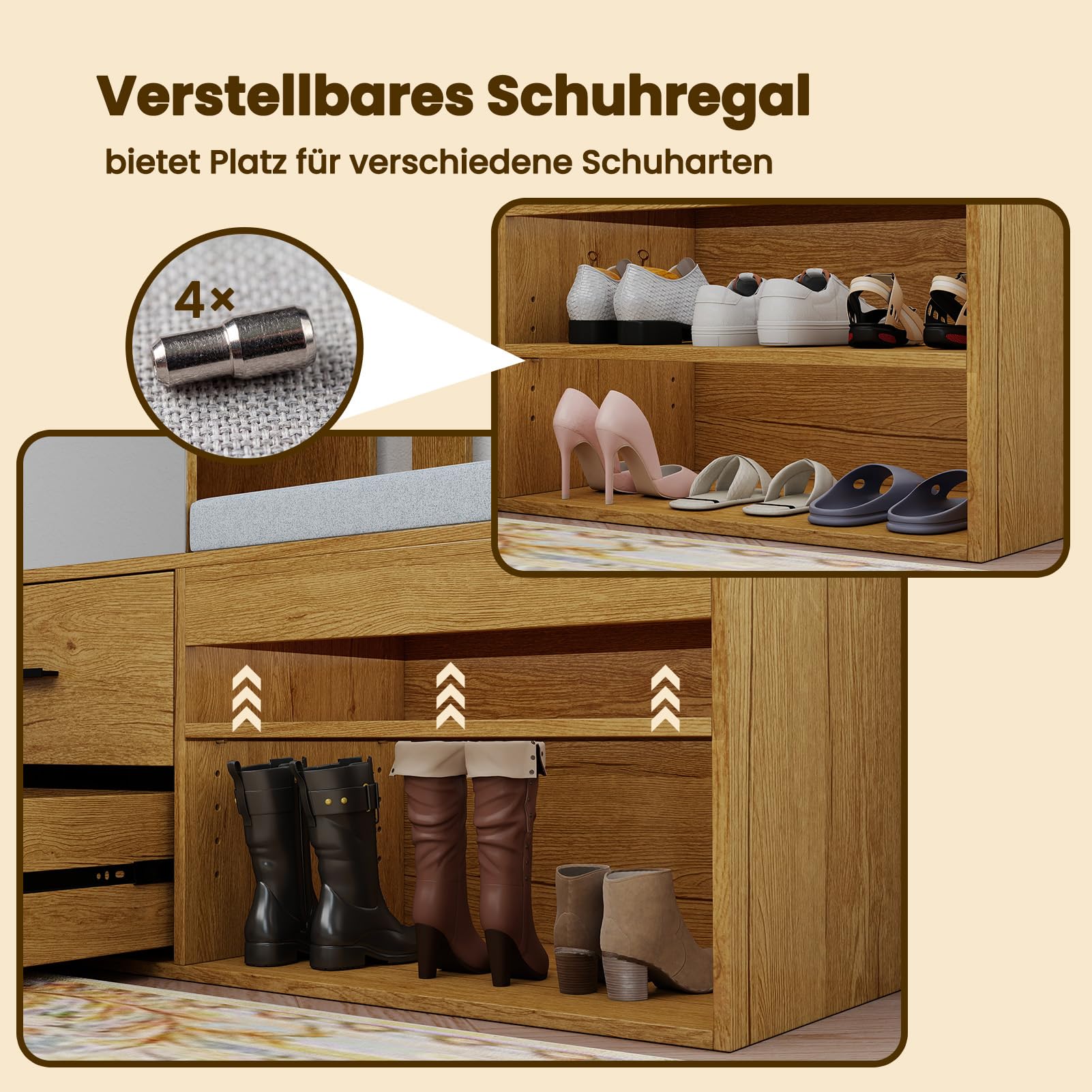 HAUSPROFI Garderobe Set Garderobenset Hoch mit Spiegel und Sitzbank, Garderobenschrank Flurgarderoben Set mit Haken und 2 Schuhschrank, Kompaktgarderobe mit 2 Schubladen, Flur Möbel, Holzfarbe
