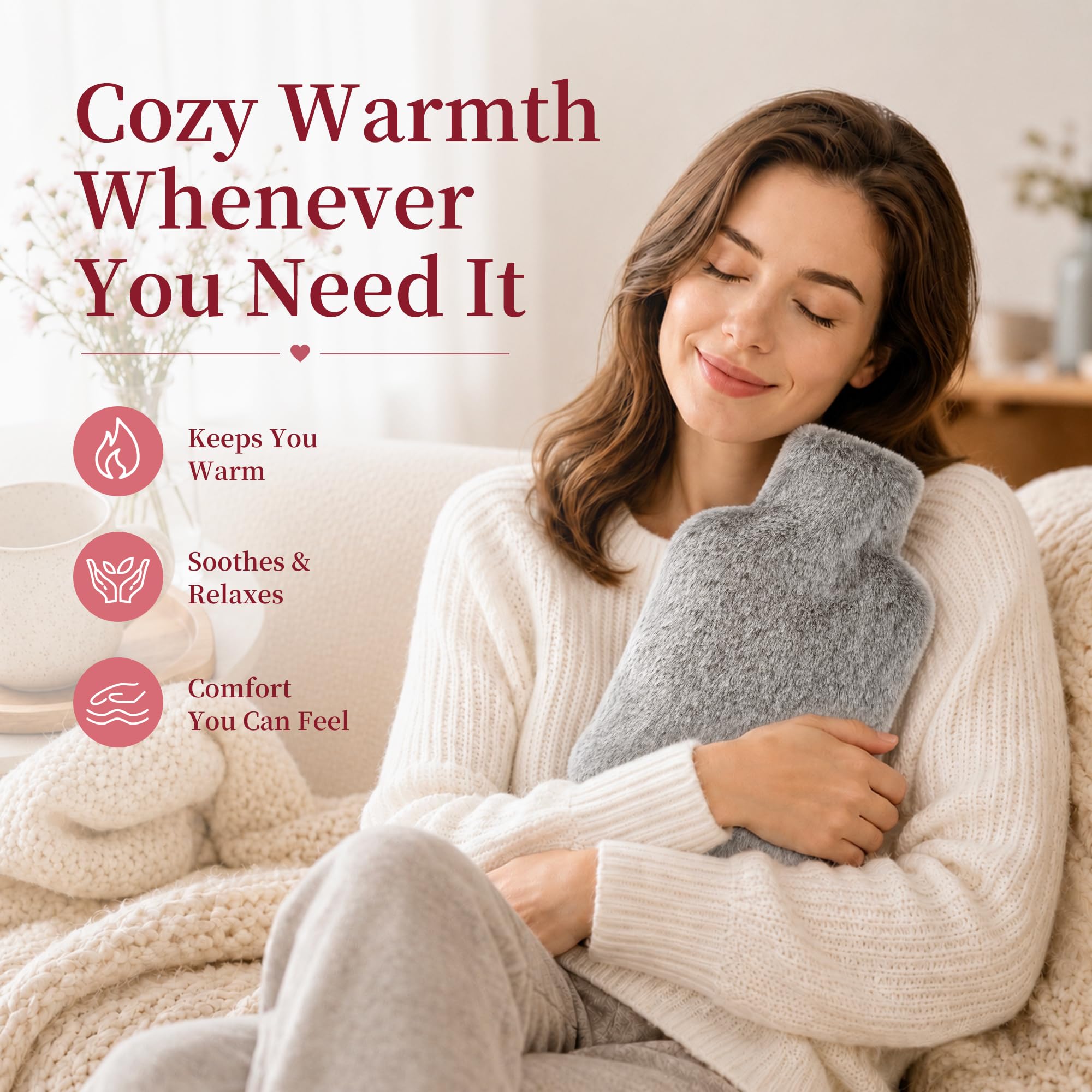 Luxury Hot Water Bottle - Gray with Faux Fur -2