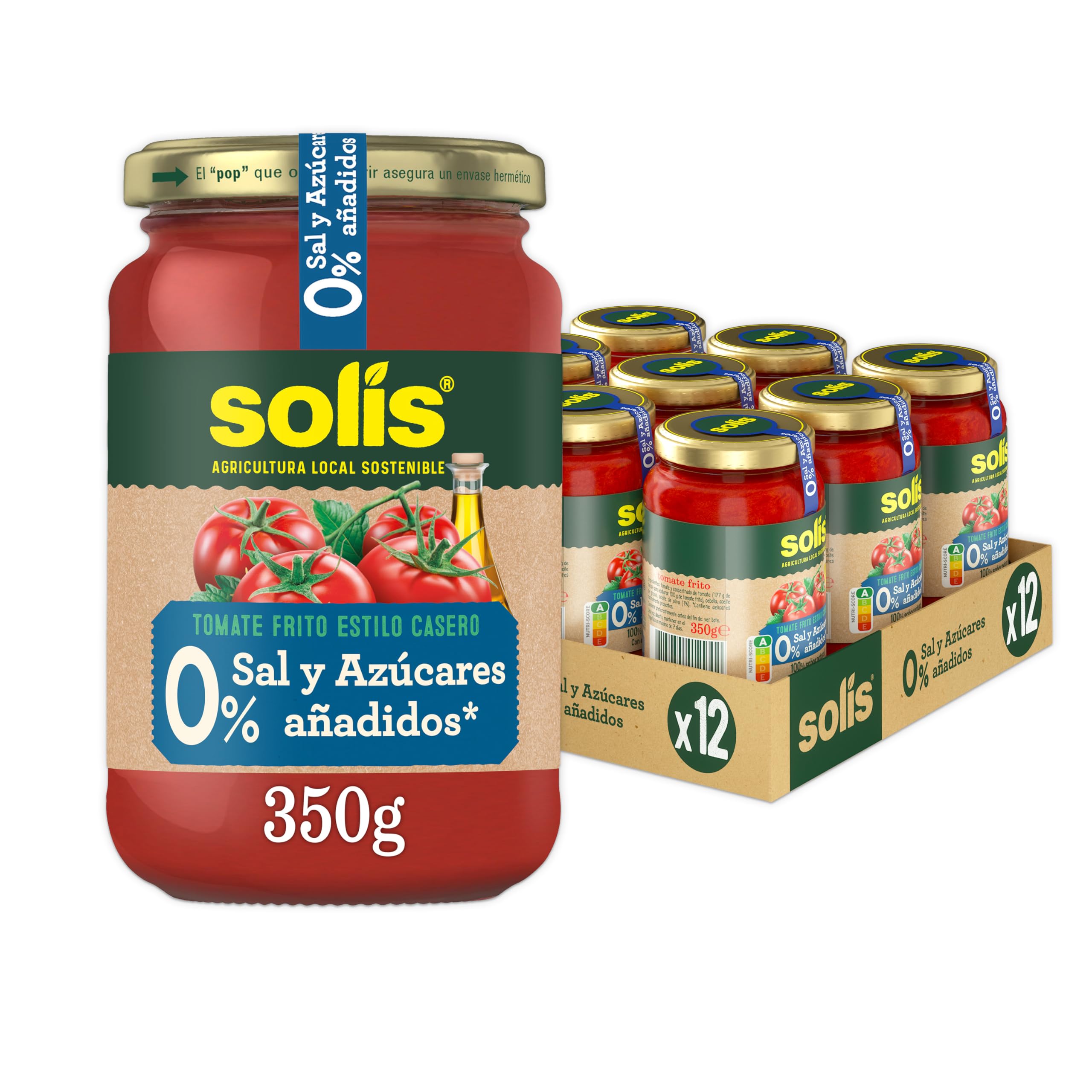 SOLIS Tomate Frito Estilo Casero 0% Sal y Azúcares Añadidos Frasco Cristal - Pack de 12 x 350 g - Tomate sin gluten