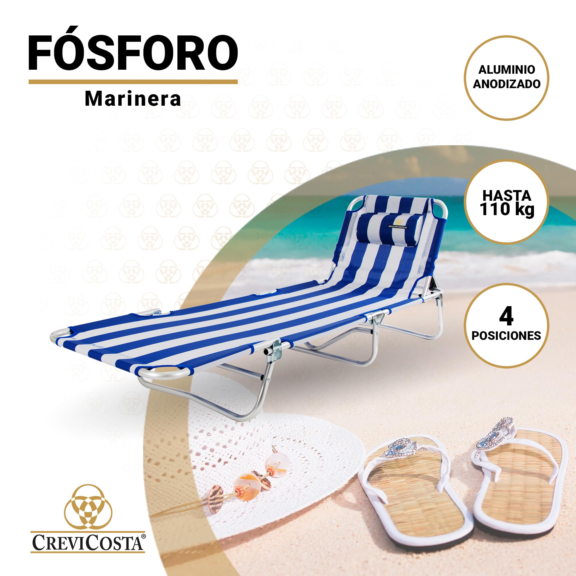 CREVICOSTA QUALITY MARK MARCAS DE CALIDAD - FÓSFORO 1012 - Tumbona reclinable de Playa Plegable y reclinable (Marinera)