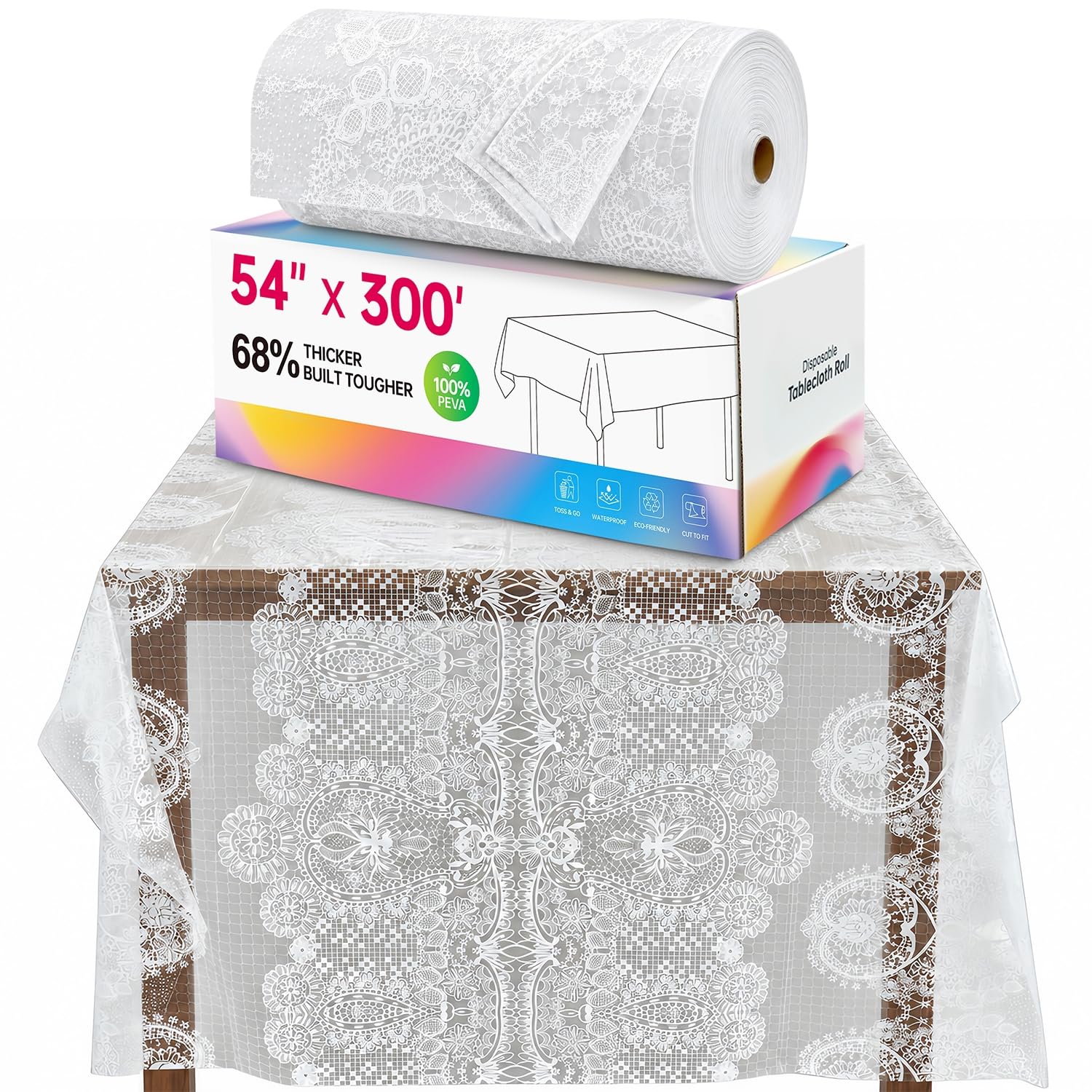 Plastic Table Cloth Disposable, 54In X 300Ft Lace Table Cover Roll