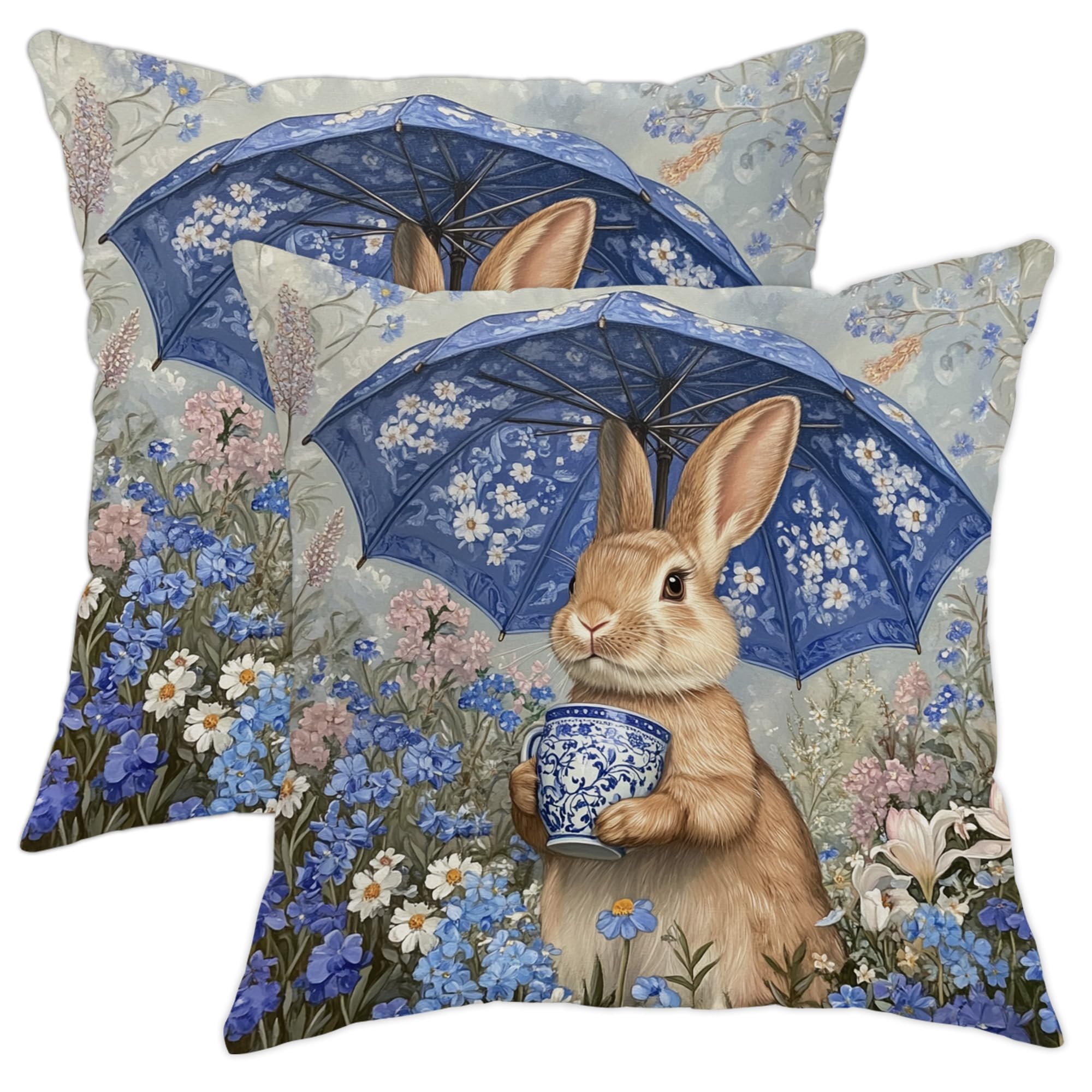 Spring Cute Rabbit Pillow Covers Set of 2, Chinoiserie Blue Porcelain Floral Parasol Throw Pillow Cases, Vintage Outdoor Decorative Square Nature Decor Cushion Covers for Home Sofa Couch 16x16 Inch