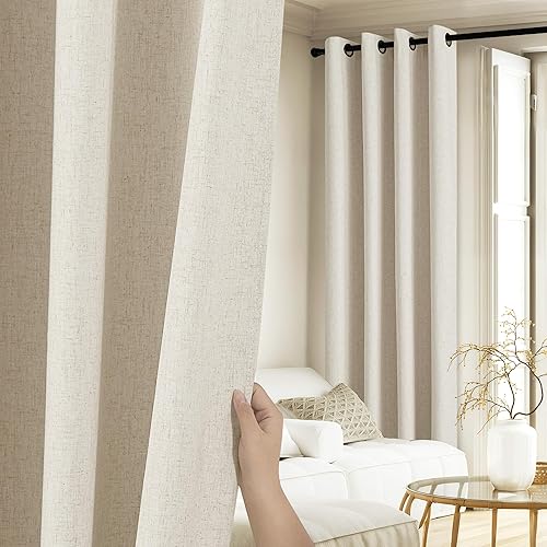 NICETOWN Natural 100% Blackout Linen Curtains 84 inch Long Burg for Living Room, 2 Panels, 52" Wide, Farmhouse Thick Completely Blackout Window Treatment Thermal Insulated Warm Drapes for Winter