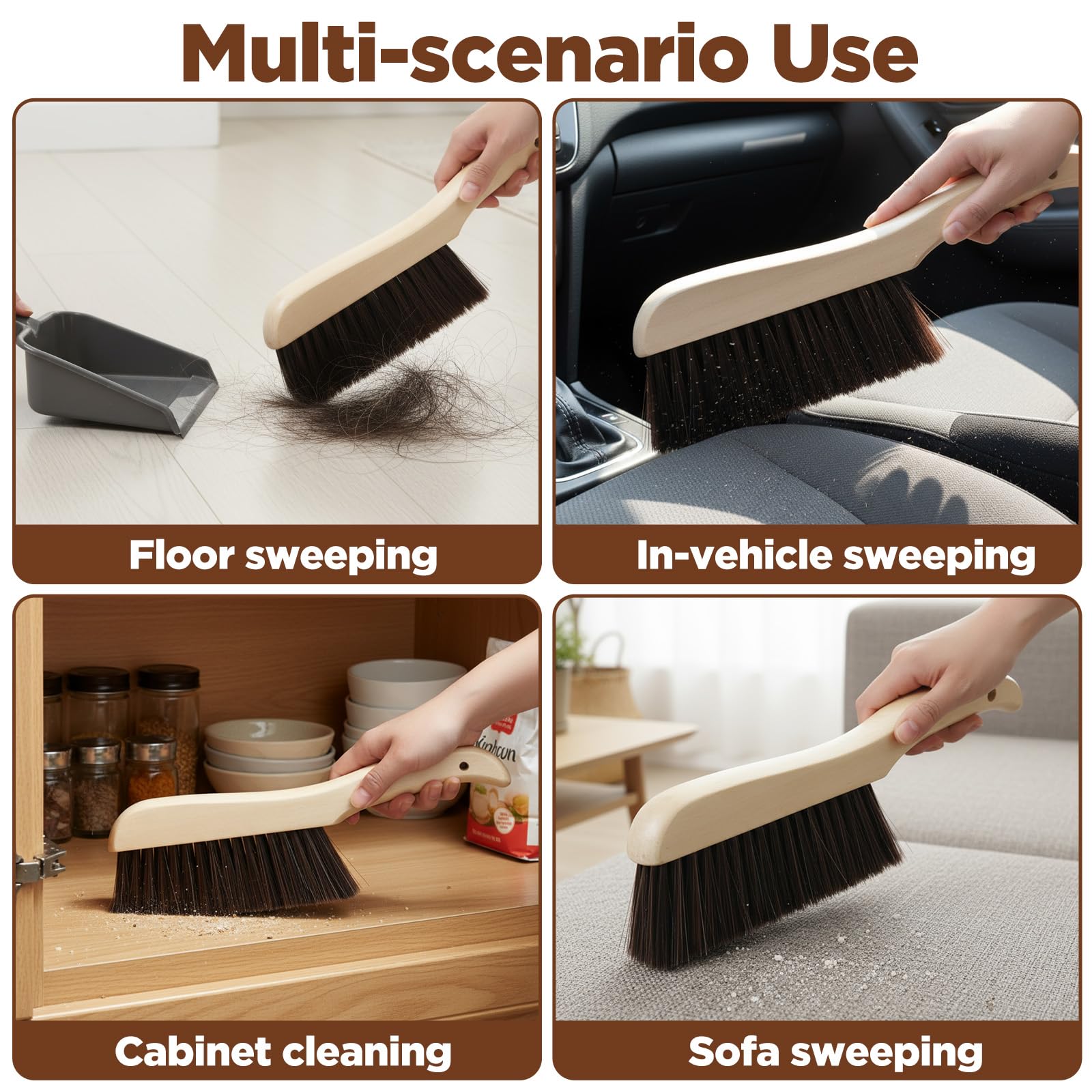 6 escobas de mano de madera, cepillo de cerdas suaves con mango largo de madera, cepillo de limpieza para muebles, coche, sofá, cama, chimenea, banco, mostrador, ropa, limpieza del hogar