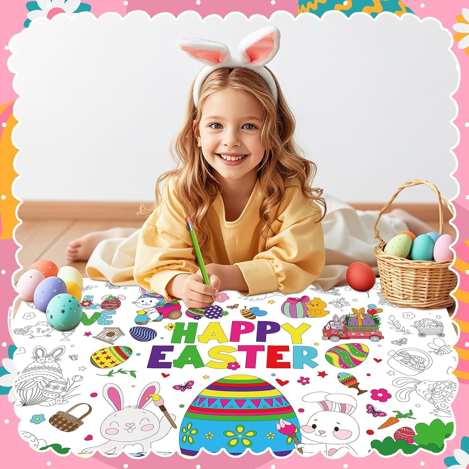 AUGSUN 2 Pcs Giant Easter Coloring Poster, Large Spring Coloring Tablecloth Jumbo Hello Spring Color-in Banner Easter Color-in Books Crafts for Kids School Family Party Game Activities Decor Supplies