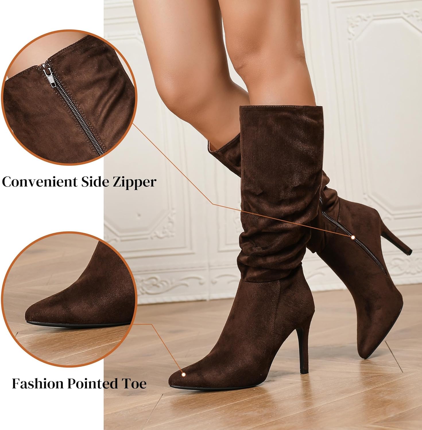 katliu Women Suede Knee High Boots Pointed Toe Stiletto Boot Slouchy Zipper High Heel Boots - Image 5