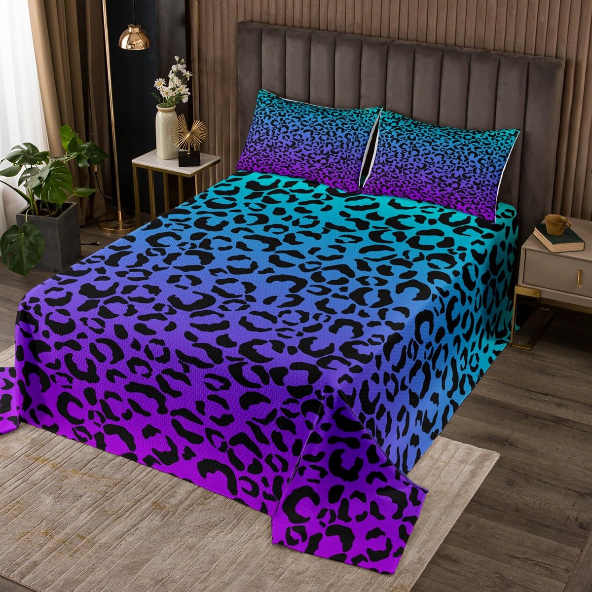 Leopard Print Bedspread Queen Size,Wild Animals Cheetah Skin Texture Coverlet Set,Kids Girls Beauty Woman Room Decor,Blue Purple Gradient Quilted Coverlet,Romantic Chic Bedding Quilt,2 Pillowcases