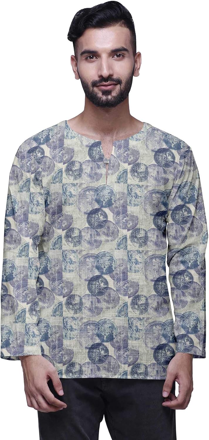 Atasi Printed Cotton Long Sleeve Shirt Casual Short Kurta for Men Summer Wear