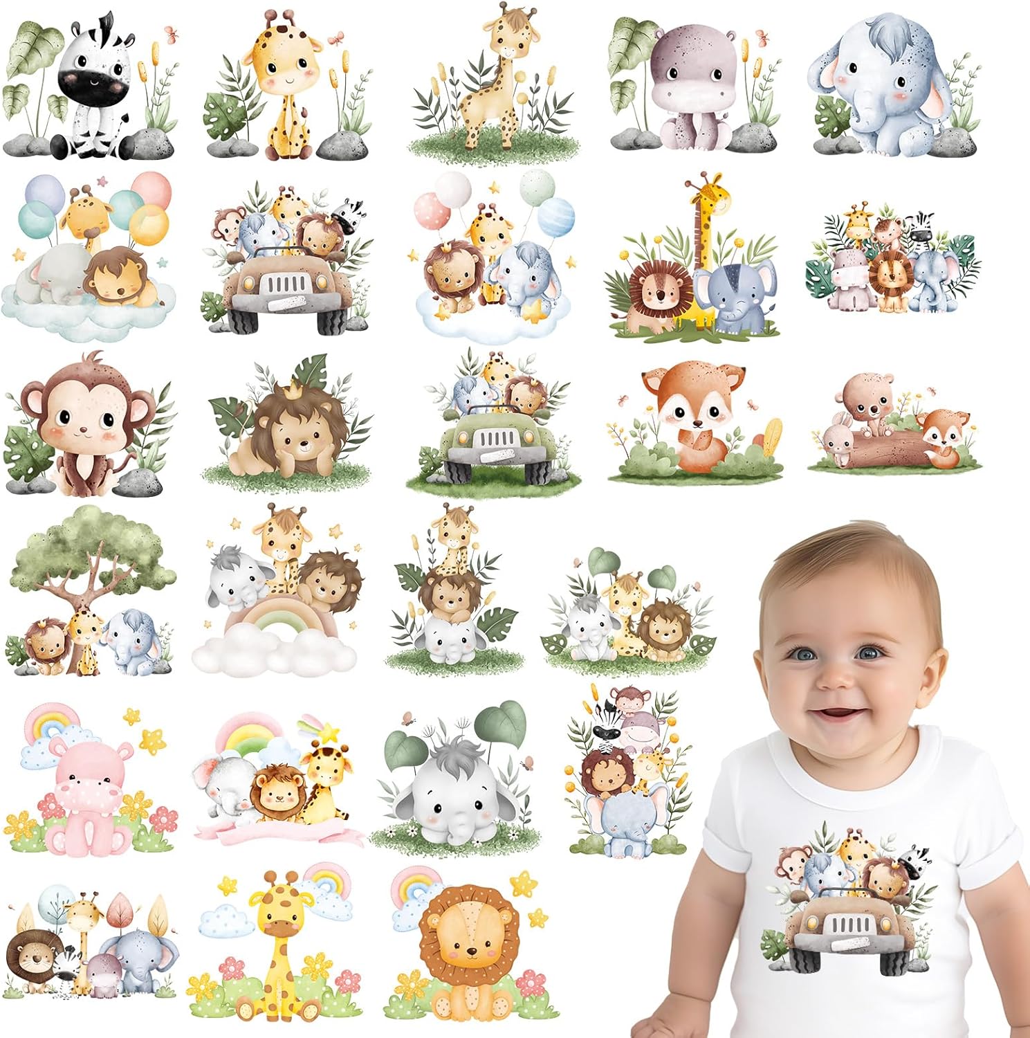 26pcs Forest Animal Iron On Transfers - DTF Transfers Ready to Press, Cute Iron on Decals Stickers for Baby Bodysuit, Heat Transfer Vinyl for Baby Onesie Bibs Decorating Kit