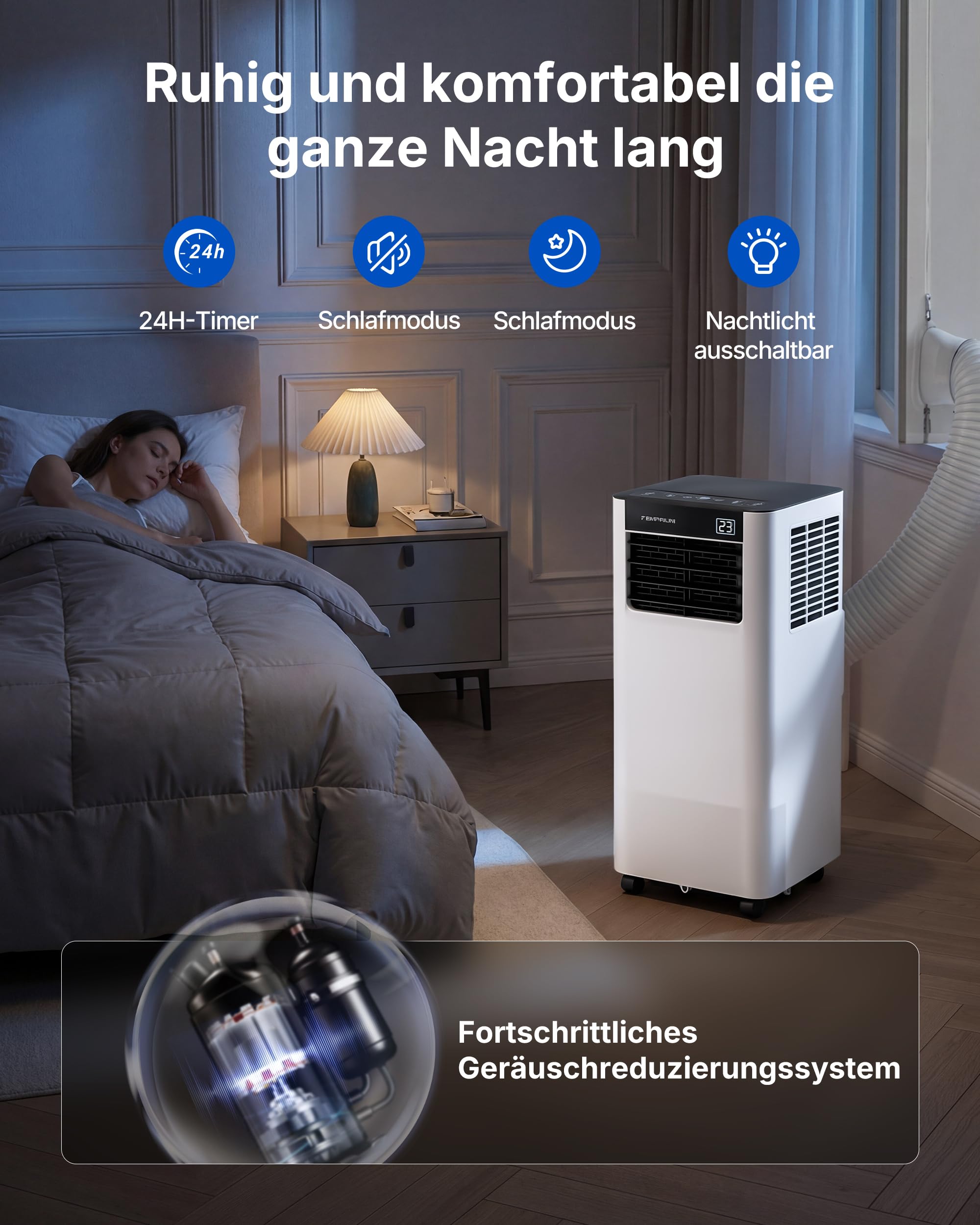 Mobile Klimaanlage 9000BTU 2,6Kw mit Abluftschlauch | 3-in-1 Mobiles Klimagerät | Fensterabdichtung | APP-Steuerung + Fernbedienung | Leiser Betrieb | 24h-Timer | Für Räume bis 25m²