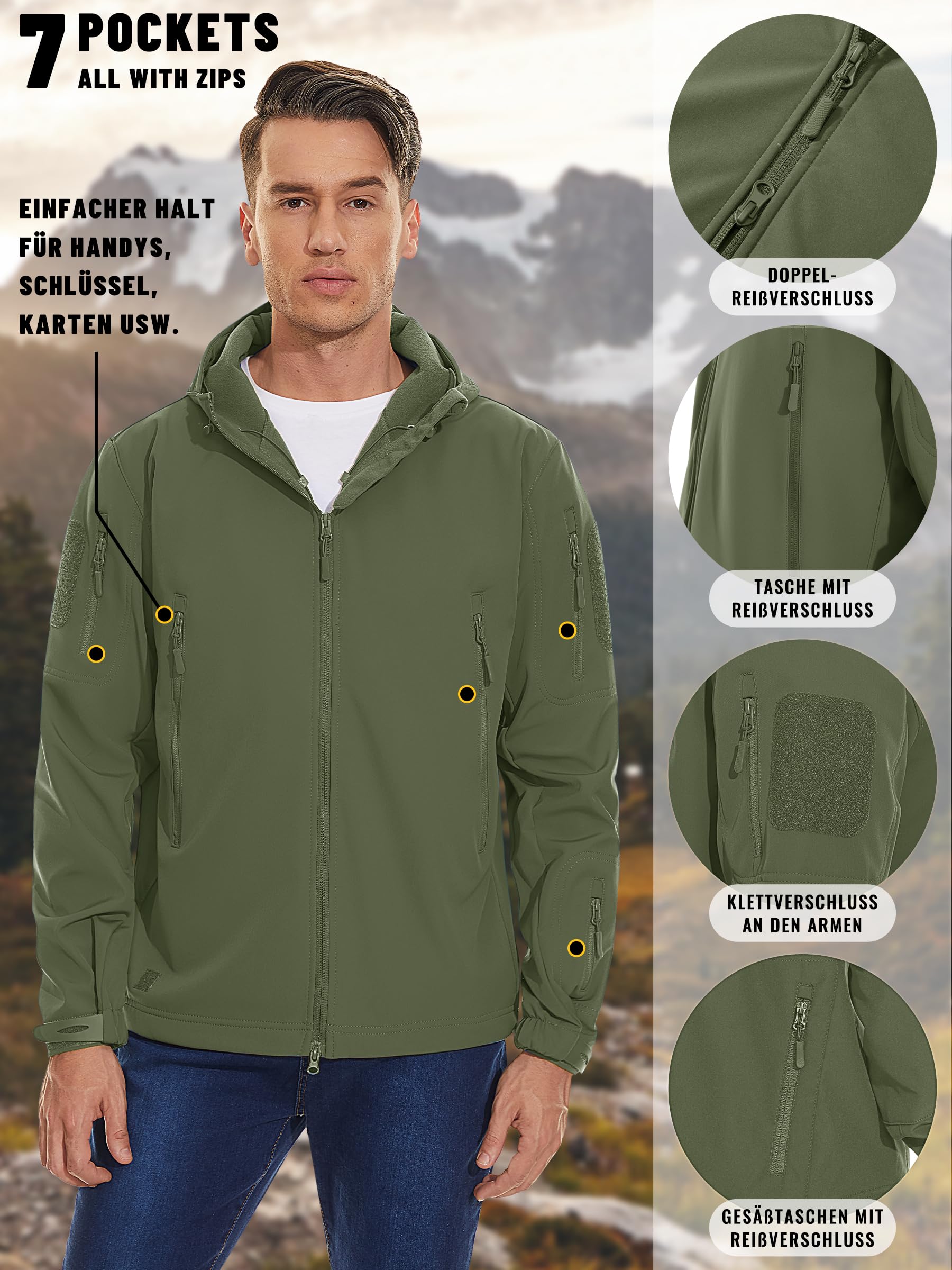 KEFITEVD Herren-Jacke, wasserdicht, taktisch, Fleece, Kampfjacke, Softshell-Jacke, wasserdicht, mit Kapuze, faltbar, abnehmbar