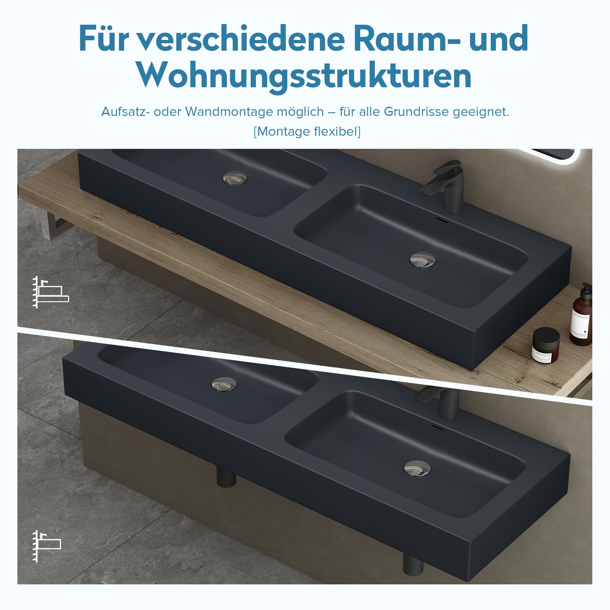 doporro Doppelwaschbecken Waschbecken BTH: 140x48x13 cm Partner-Waschbecken aus Gussmarmor Anthrazit (Matt) Colossum830