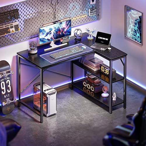 Miniatura 6 de Huuger L Shaped Desk, 39 Inches Computer Desk with Reversible Storage Shelves, Gaming Desk, for Corner Home Office Writing Study, Metal Frame, Black