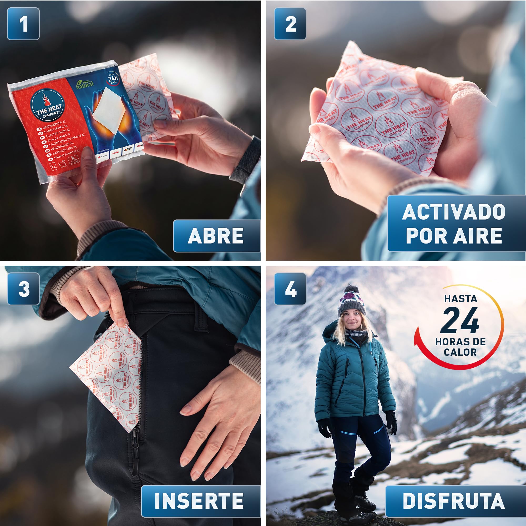THE HEAT COMPANY Calentador de Manos XL - 10 o 40 Piezas - Extra CÁLIDO - Calentador Grande - 24 Horas de Manos Calientes - Calor instantáneo - Activado por Aire - Puro Natural