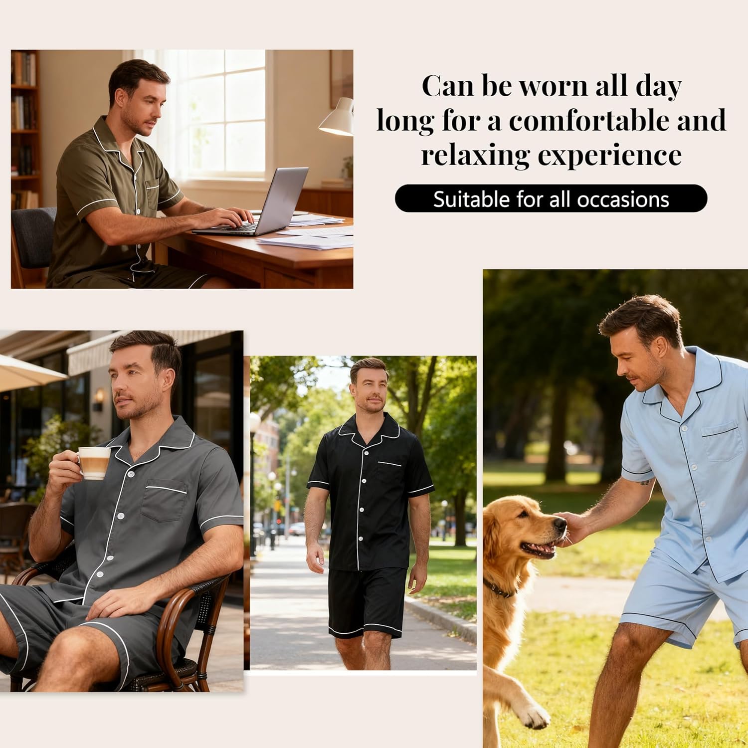 Vulcandon Mens Pajamas Set, 100% Cotton Poplin Classic Collar Short Sleeve Pajamas with Pockets - Image 5