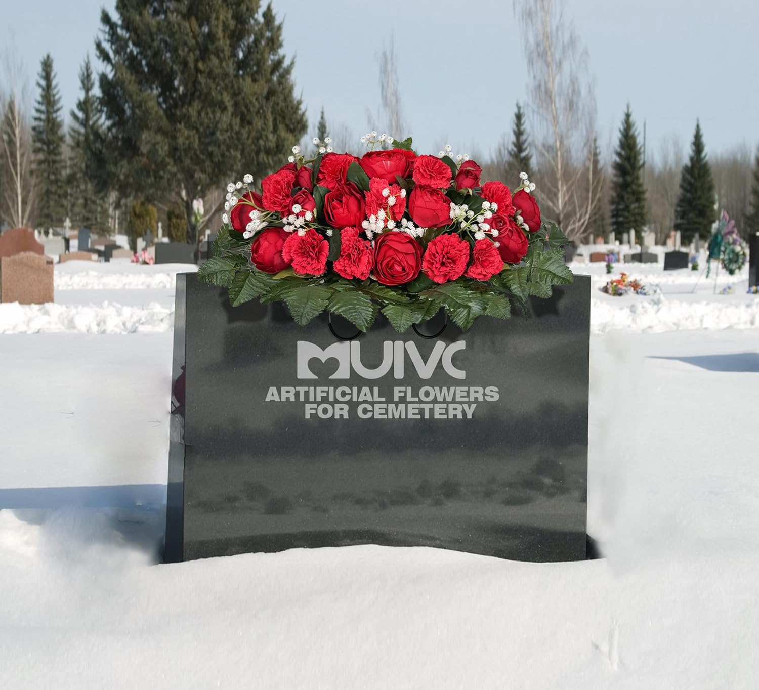 MUVIC Artificial Cemetery Flowers Saddle for Grave Decorations,Headstone Flower Saddle-Red Rose Camellia Carnation Baby's Breath-Memorial Flowers Bouquet for Graveyard Gravesite, Butterfly Included