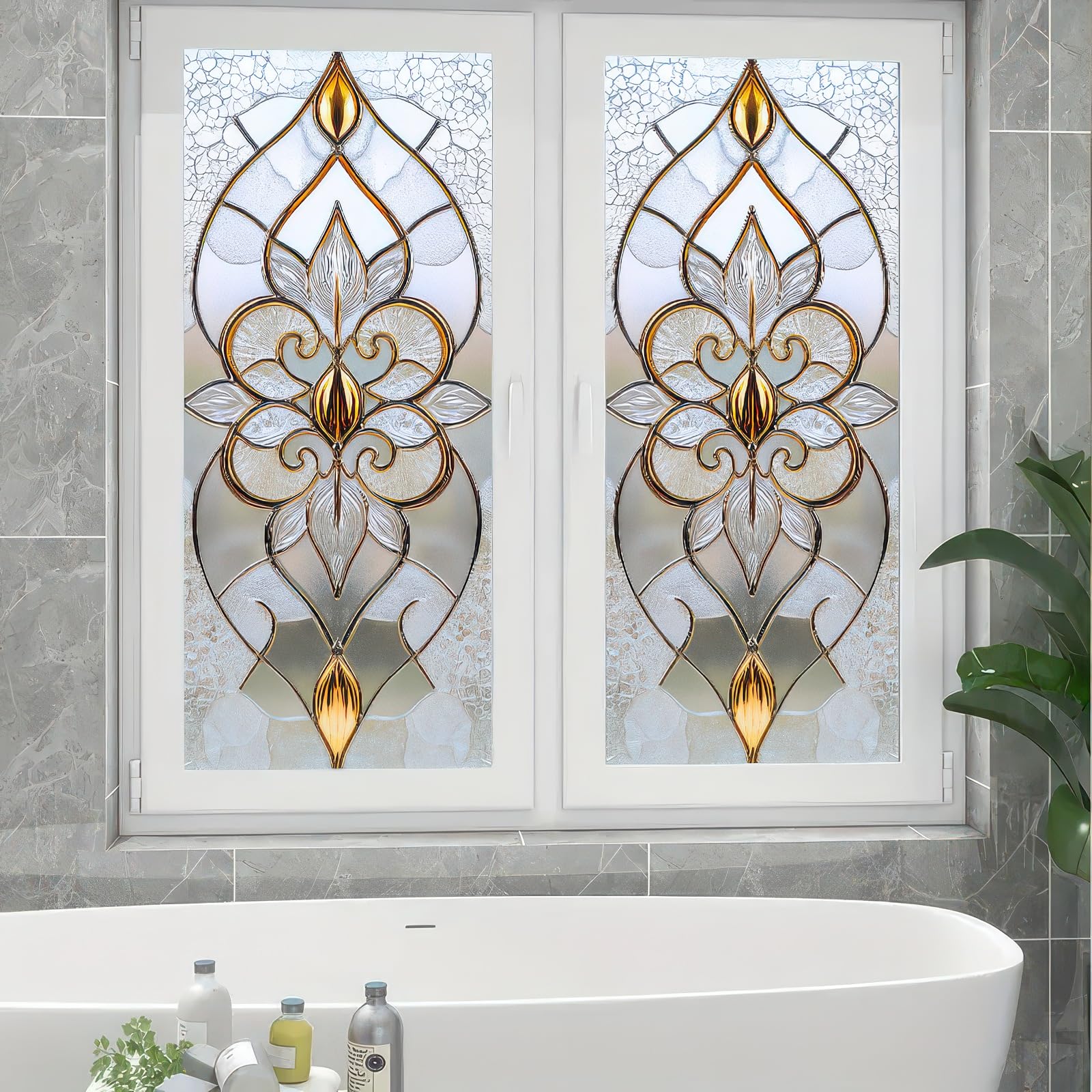HOMETITUTE Stained Glass Window Film 17.7x39.3 inch Gold Lines Floral Window Privacy Film Stained Decals Static Cling Sun Blocking Decor for Home Office Windows Door Glass Partitions
