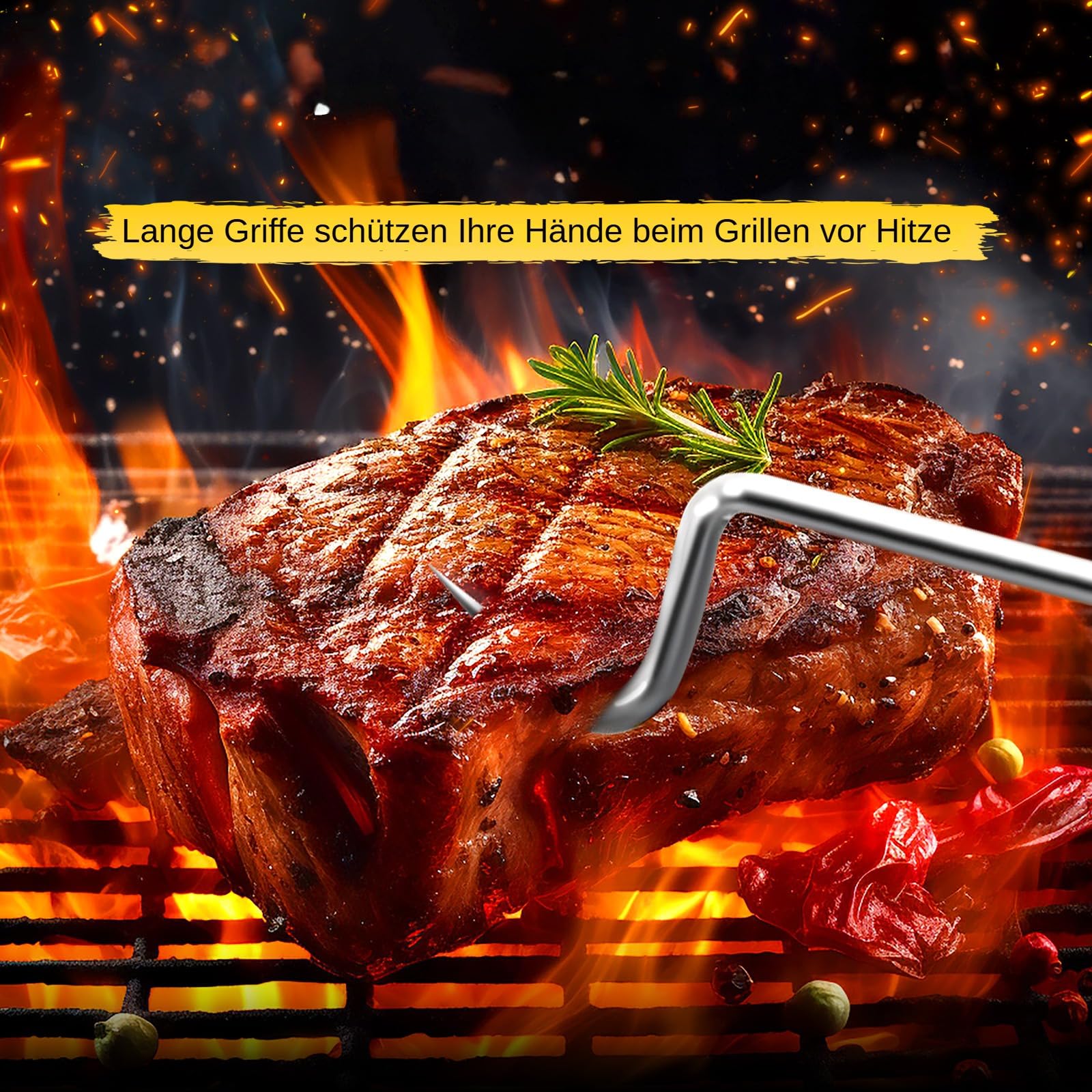 Sharplace Grill Fleischhaken mit Holzgriff, BBQ Fleischwender Haken, Universeller Grillhaken für Fleisch, Stabiler Grillaufnehmer zum Wenden, Heben und Transportieren für Wurst Gemüse, 44 cm x 3,7 cm