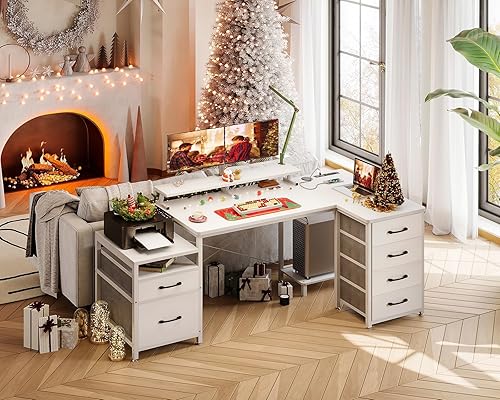 Miniatura 8 de KKL Escritorio para computadora en forma de L con cajones de archivos, 3 tomas de corriente y 2 puertos USB, escritorio de oficina en casa de 72