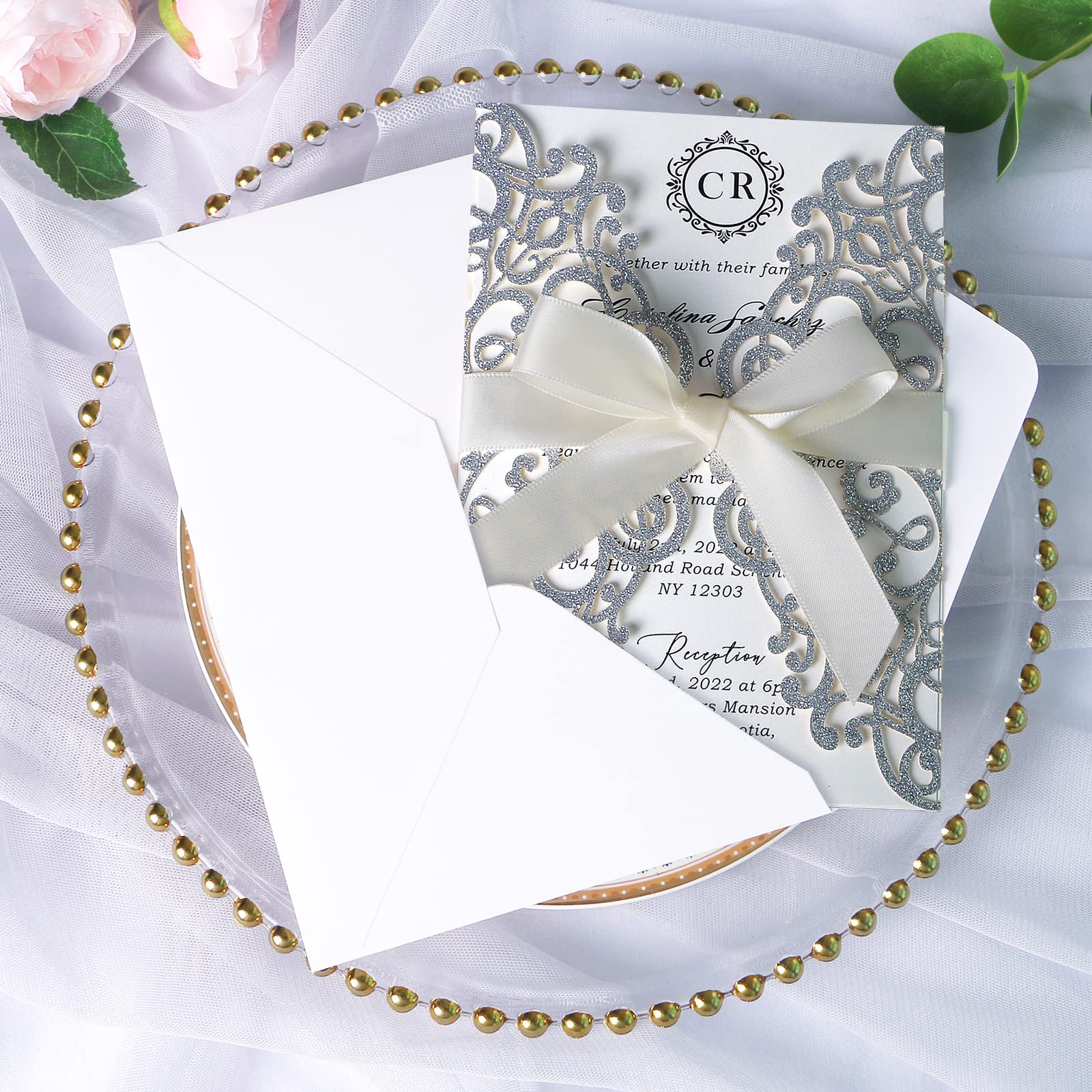 Ponatia 25PCS laser Cut Hollow rose con trapano invito di matrimonio fidanzamento doccia compleanno laurea biglietti d' invito Slivery Glitter