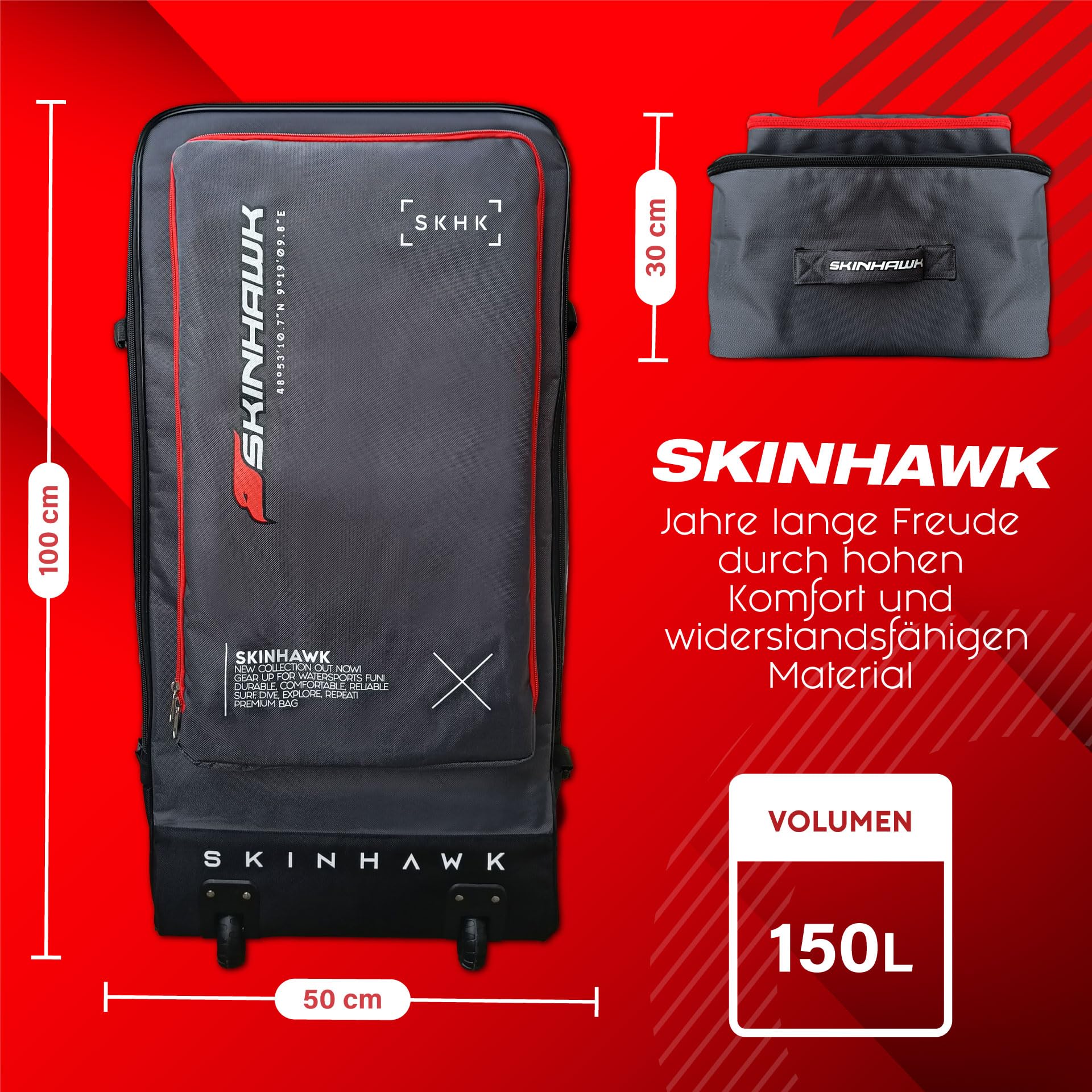 Skinhawk SUP Board Tasche, Robuster Rucksack mit Rollen, Reißfestes 1680D Gewebe, Verstellbare Riemen mit stabilem Reißverschluss