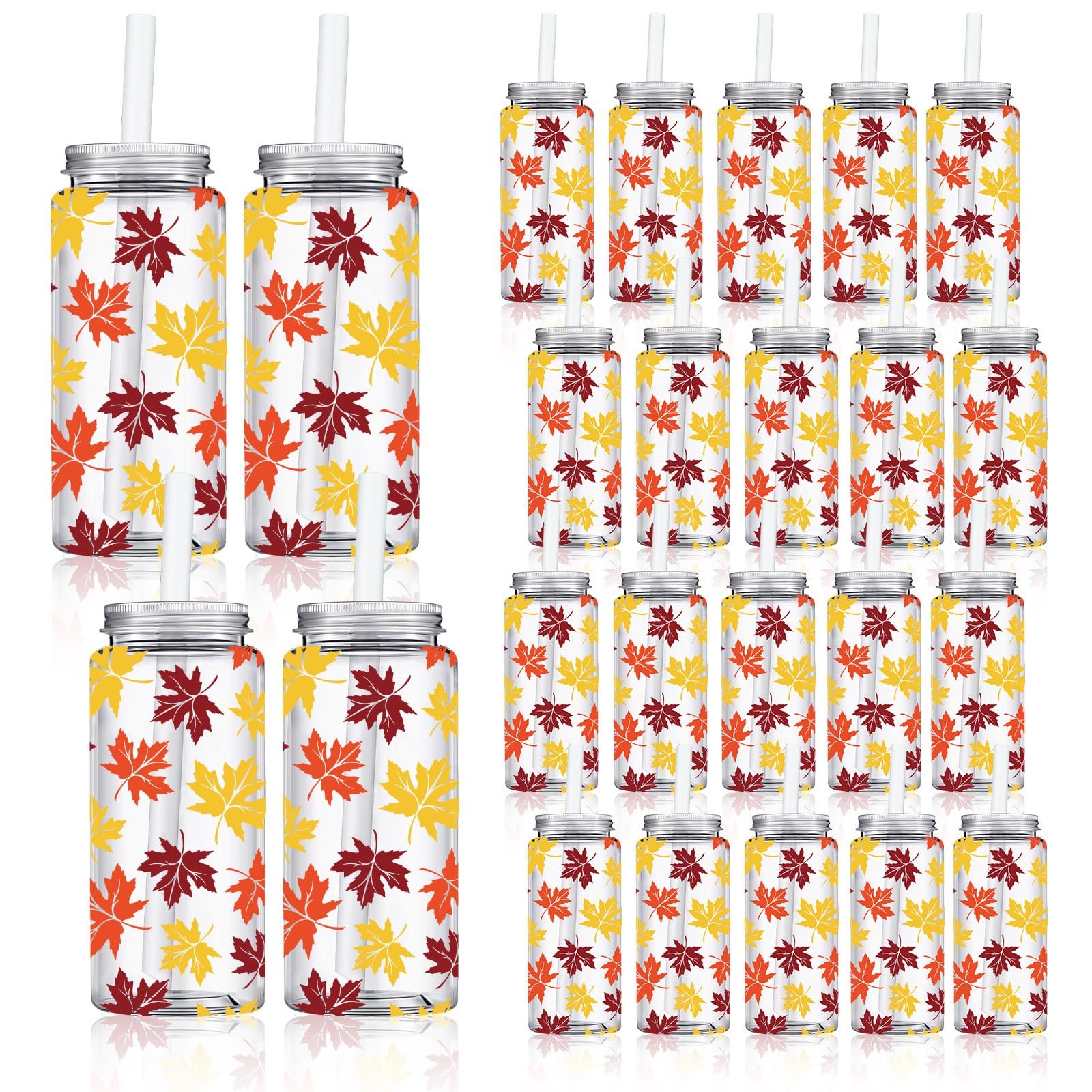 Whaline Lot de 20 gobelets en plastique transparent avec couvercles et pailles - Feuilles d'érable - Réutilisables - Pour Thanksgiving, récolte
