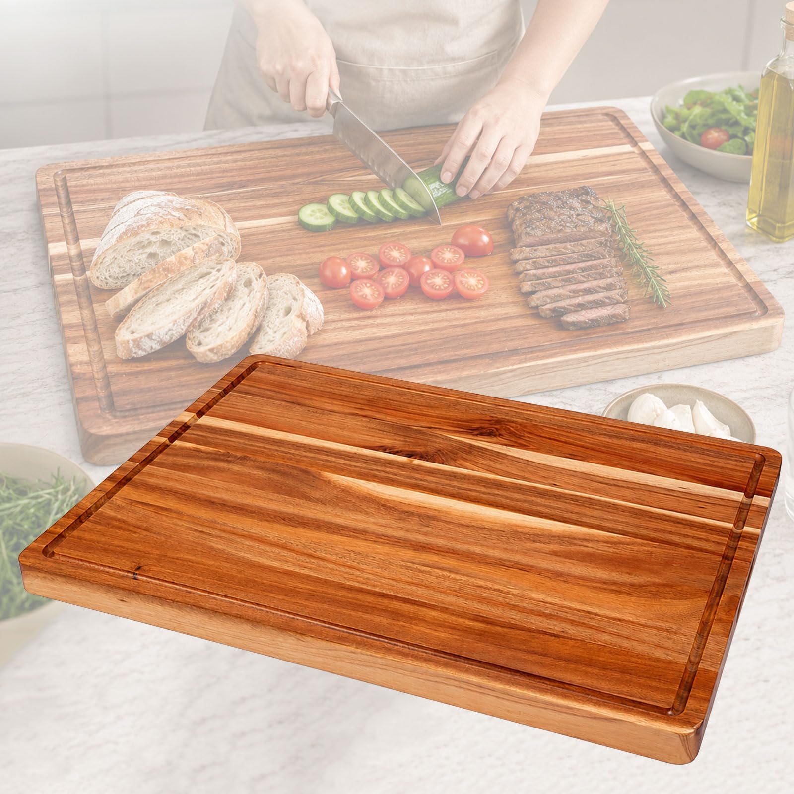 PSKJHN Cutting Boards for Kitchen, Reversible Acacia Chopping Boards with Juice Groove & Side Handle for Carving Meat, Fish, Vegetables, Fruits, Cheese, Bread - Easy Clean Serving Platter Home Use