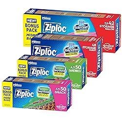 Ziploc Brand Storage Bags Variety Pack, 42ct Storage Gallon and 48ct Storage Quart with Stay Open Design, 50ct Sandwich and 50ct Snack with Grip N Seal Technology, 190ct Total