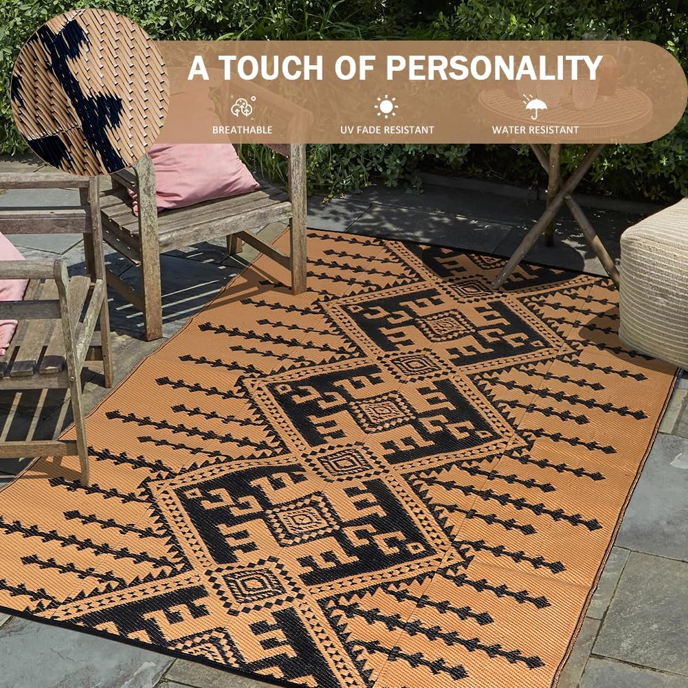 Reversible Mats - 5' x 8' Outdoor Rug, Plastic Straw Rug, Modern Area Rugs, Large Floor Mat for Outdoors, RV, Garden, Patio, Backyard, Deck, Picnic, Beach, Camping, Black & Brown