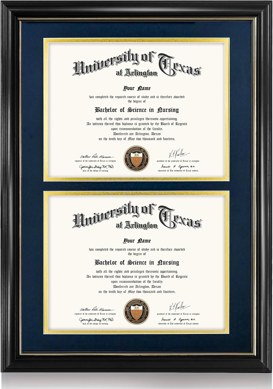 GraduationMall Double 8.5x11 Diploma Frame,Solid Wood & UV Protection Acrylic,Black Finish with Gold Trim,Navy Blue & Gold Mat Black With Gold Trim / Blue Gold Mat Double 8.5x11