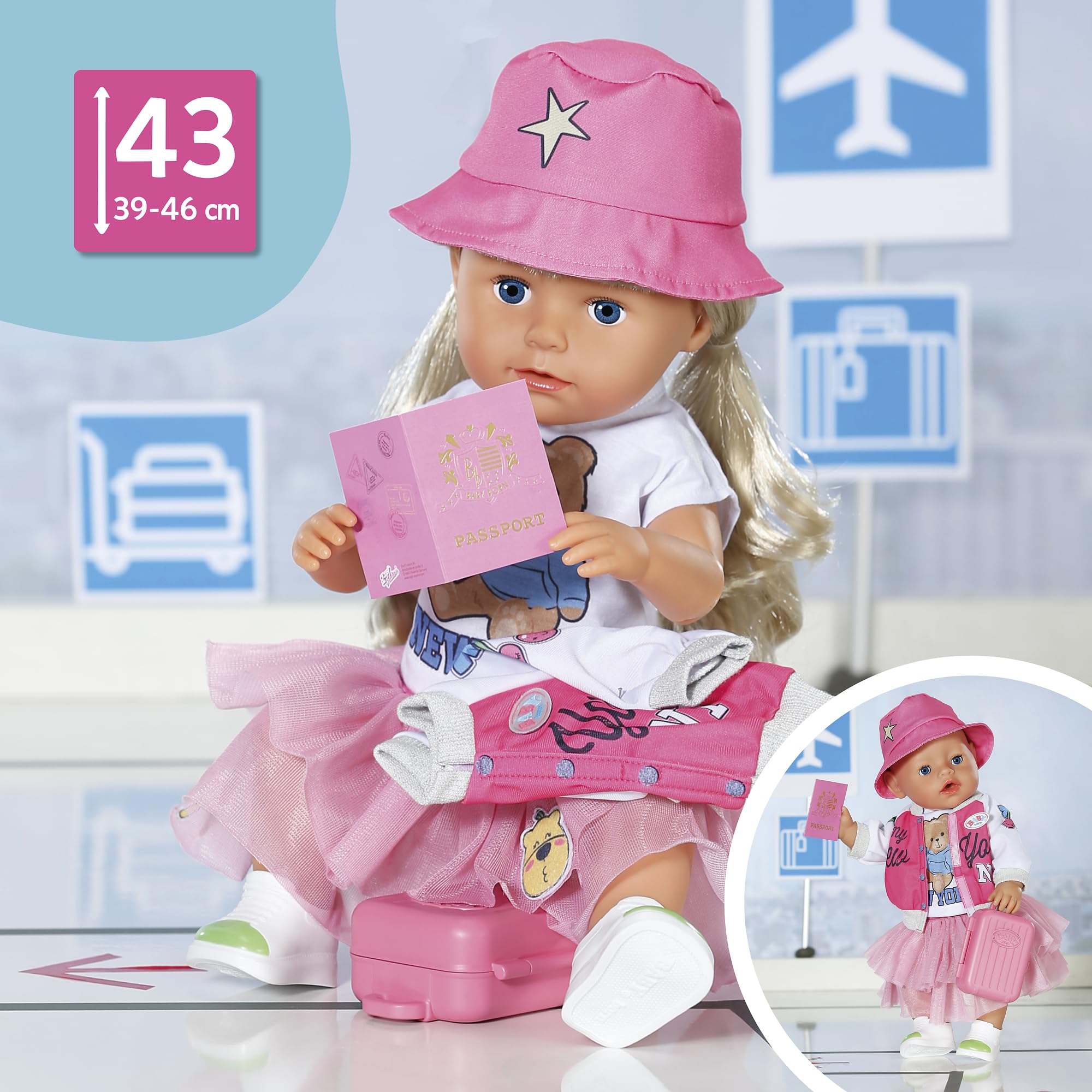 BABY born Conjunto de Viaje con Vestido, Zapatos y Accesorios para muñecas de 43 cm
