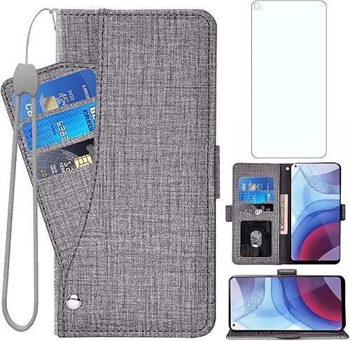 Asuwish Funda tipo cartera compatible con Moto G Power 2021, protector de pantalla de vidrio templado y soporte para tarjetas abatibles, accesorios