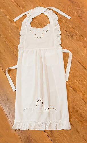 Miniatura 5 de Minhcraft Delantal de algodón blanco con bordado de flores hermosas volantes de longitud completa babero delantal de las mujeres, Blanco