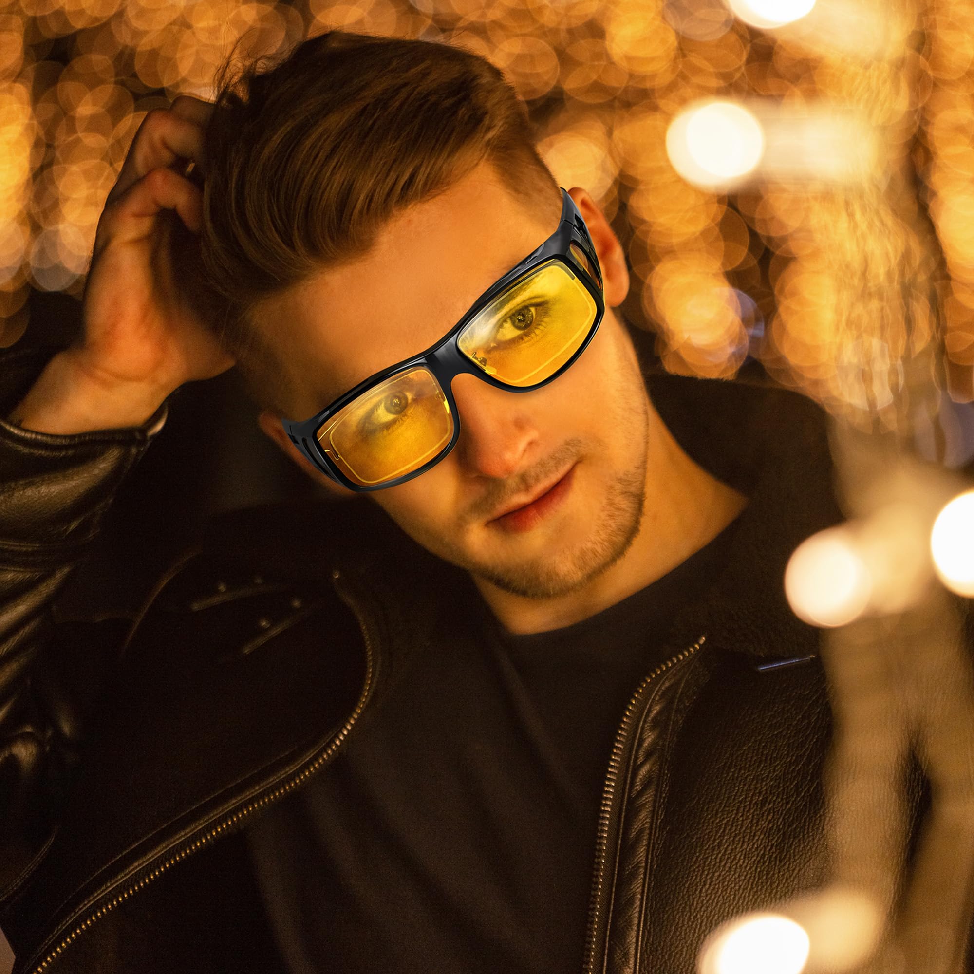 Nachtfahrbrille passt über verschreibungspflichtige Brillen, blendfrei, polarisiert, Wickel-Nachtsichtbrille für Männer und Frauen, A01 glänzender schwarzer Rahmen // Nachtsichtlinse, A03 Glossy Black