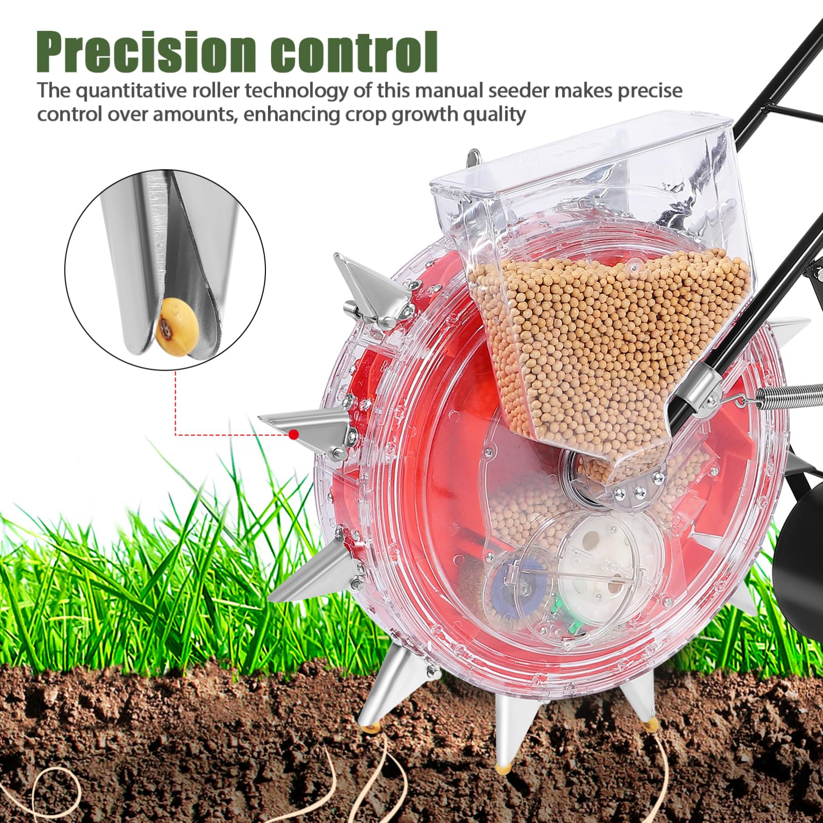 Hemobllo Sembradora Manual Rodillo de Plantación Rojo de Hierro y Plástico | Dosificador de Semillas y Fertilizante, Tecnología de Rodillo Cuantitativo, Uso Agrícola y Jardinería