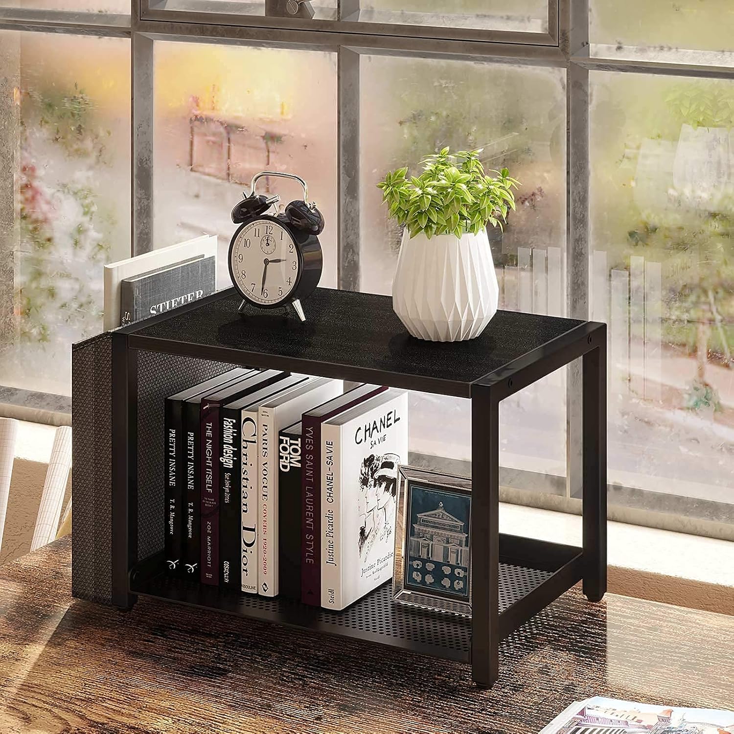 Rolanstar Desktop Printer Stand with Storage Bag, Desk Stand for Printer, Wooden Multi-Purpose Desktop Storage Organizer Shelves for Fax Machine, Scanner, Files, Black