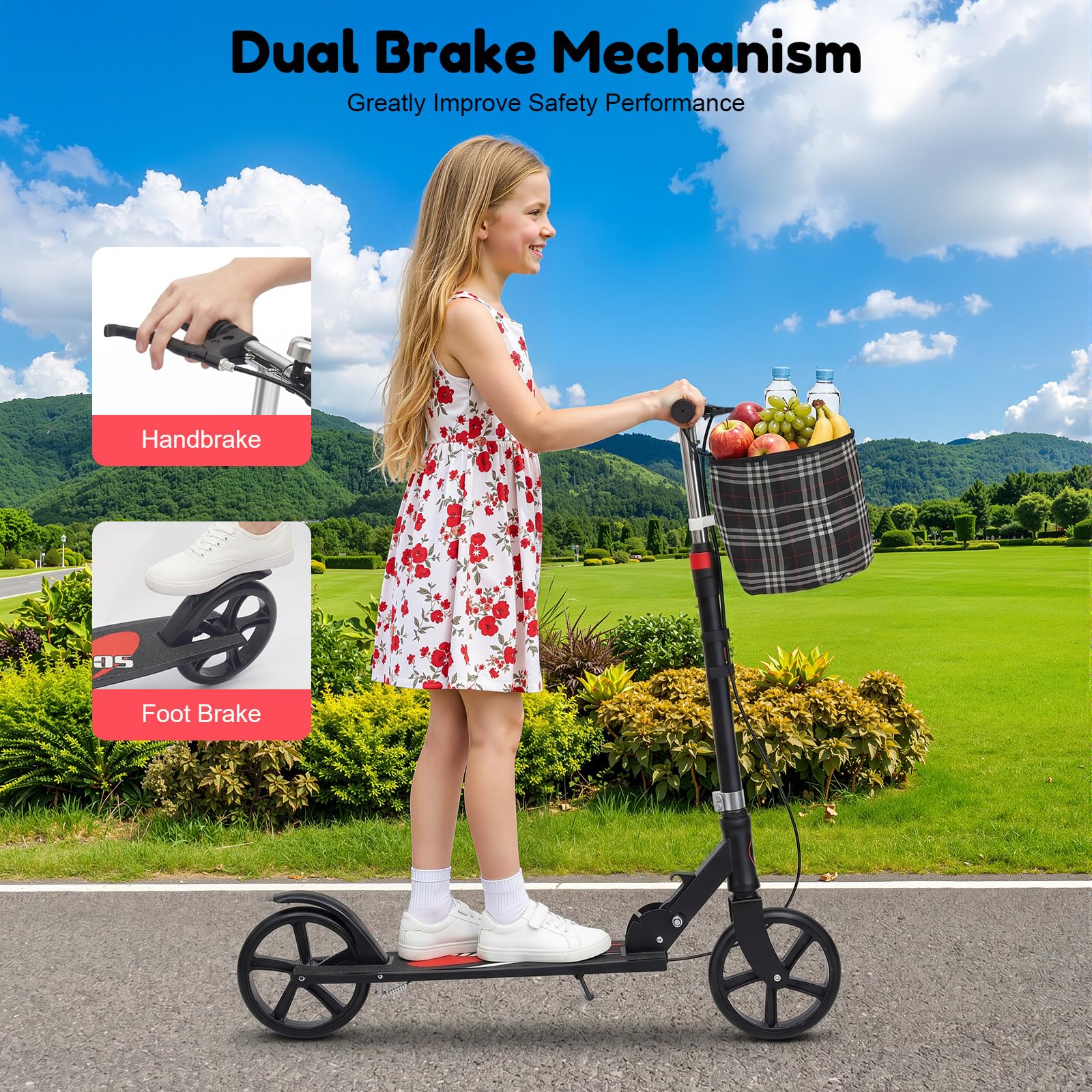 Patinete de ciudad plegable con cesta de almacenamiento y soporte de seguridad, patinete portátil plegable para desplazamientos, compras, capacidad de carga de hasta 150 kg