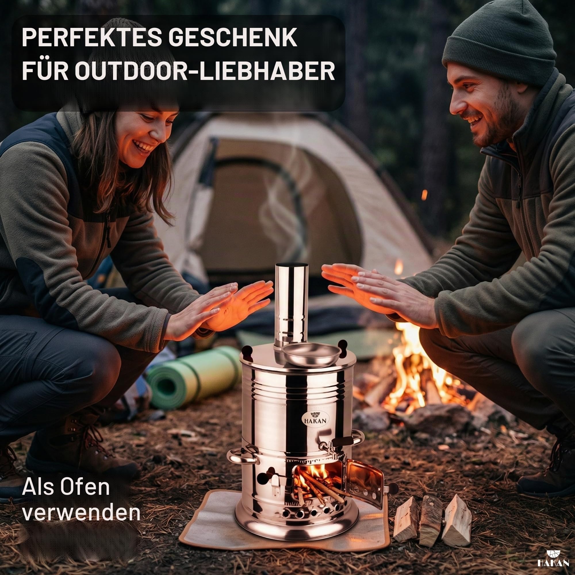 Hakan Tragbarer türkischer Samowar-Teekessel, Camping-Wasserkocher, Teekanne, Holz, Kohlen befeuerte Semaver-Teekanne, Warmwasserbereiter für Camping, Picknick, Jagd, Outdoor-Aktivitäten, schwarze