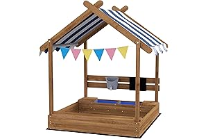 Outsunny Kids Sandbox with Canopy, Playset Blackboard, Flags