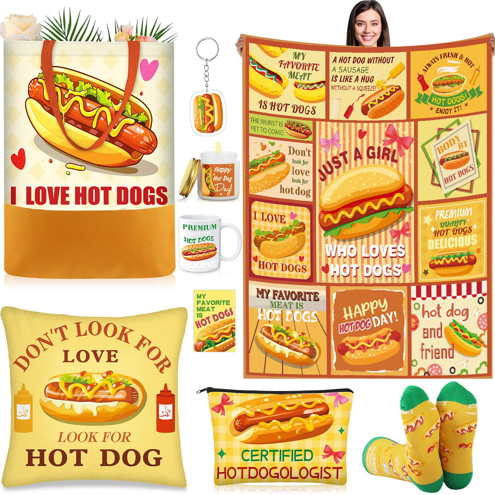 Buryeah 9 Pcs Hot Dog Present for Women Mothers Day Hot Dog Set Gifts Include 60 x 50'' Blanket Mug Makeup Bag Tote Bag Pillowcase Socks Keychain Candle Greeting Card Present for Friends