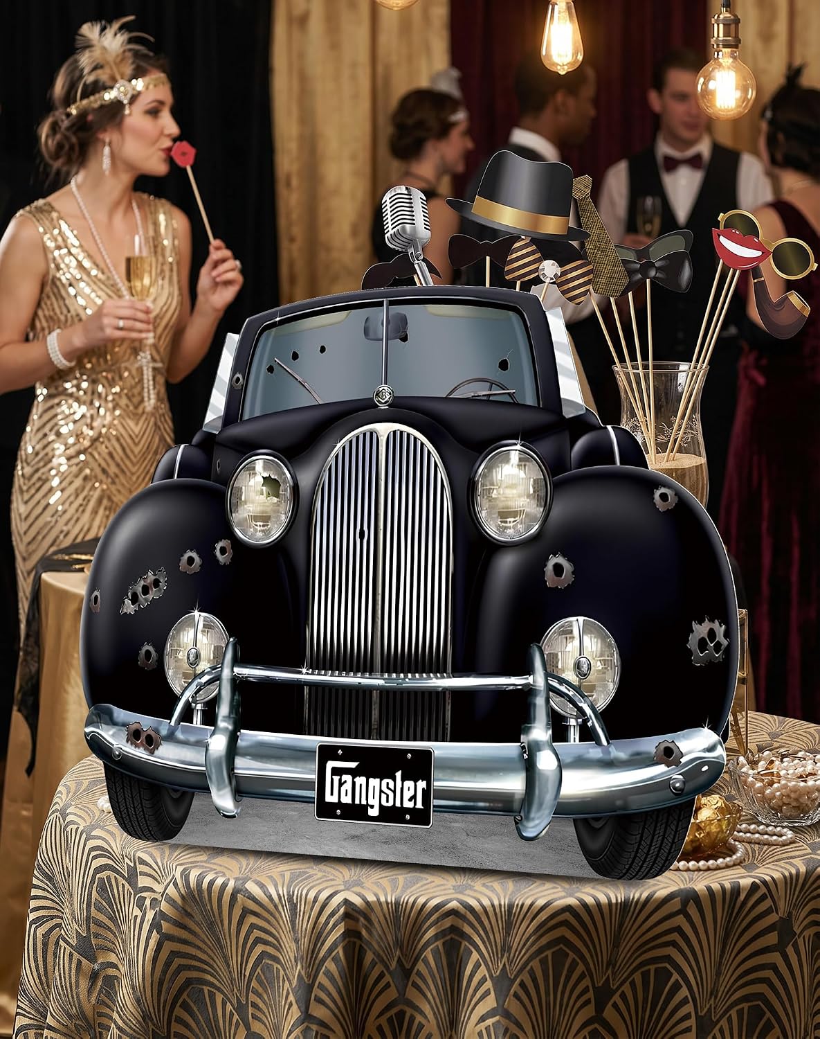 Roaring 20s Gangster Car Photo Booth Props Set, Speakeasy Mafia Party Decoration for Birthday, Masquerade