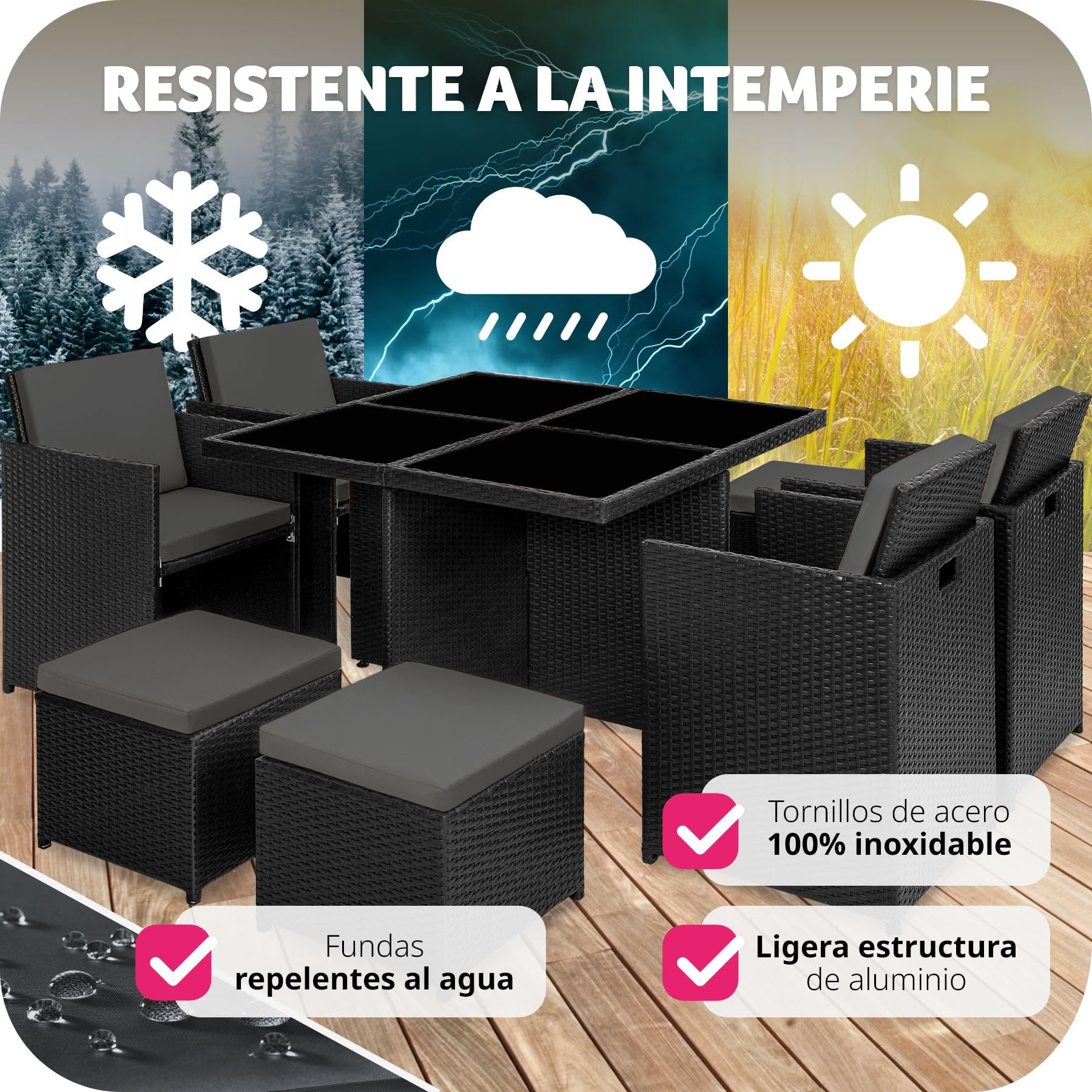 tectake® Conjunto Jardín Exterior de Ratán y Aluminio, Muebles Jardín Exterior Resistentes a la Intemperie, para hasta 8 Personas, con 2 Juegos de Fundas y Funda Protectora - Negro
