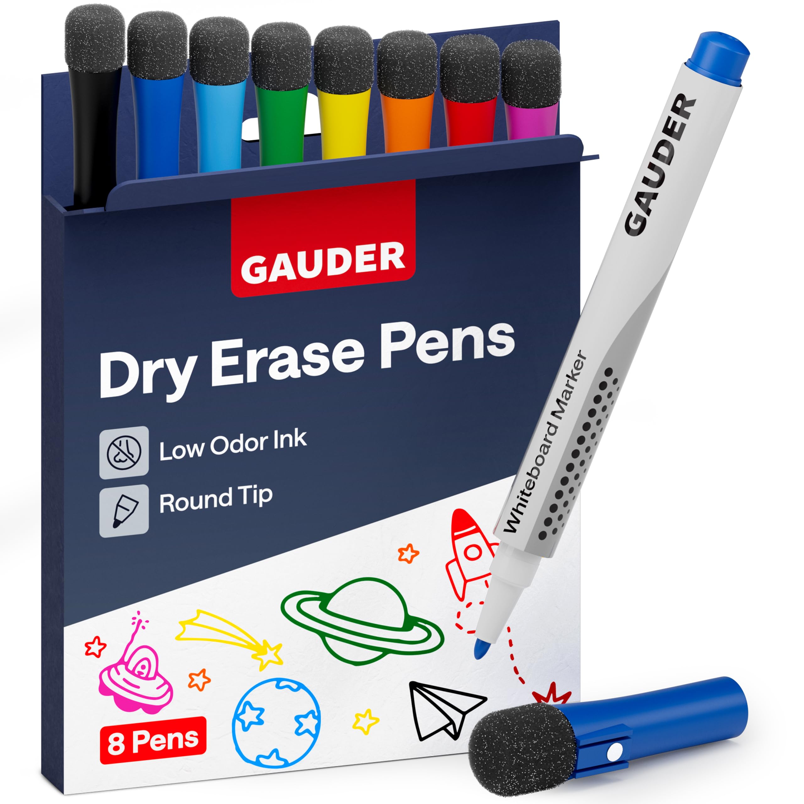 GAUDER Whiteboard Marker Set (8 pens) | Whiteboard pens (8 colours) | dry and residue-free erasable | Dry erase markers with sponge, ideal for whiteboards and magnetic boards