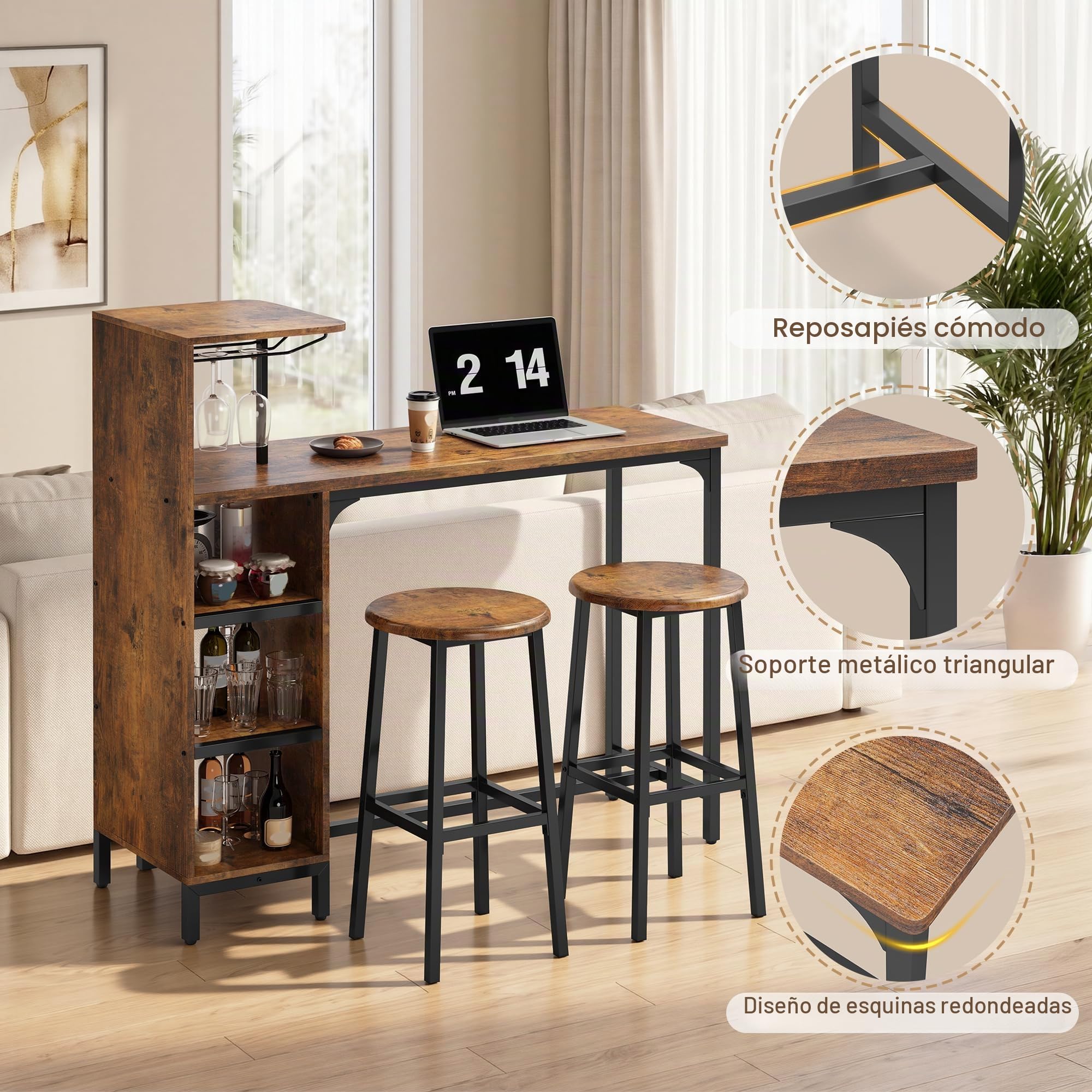 Xbro Juego de Bar con 2 Taburetes, Mesa de Bar con Portacopas de Vino y Estante, Estructura Metálica, Diseño Industrial para Bar y Comedor(Retro)