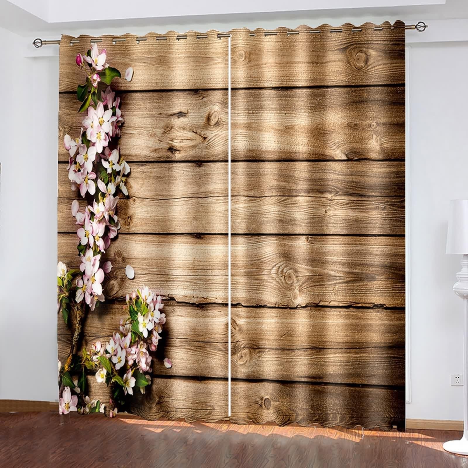 Poliestrowa zasłona zaciemniająca w kolorze różowego khaki, drewniana deska i kwiatowy wzór, 137 l x 214 cm, zestaw 2 szt