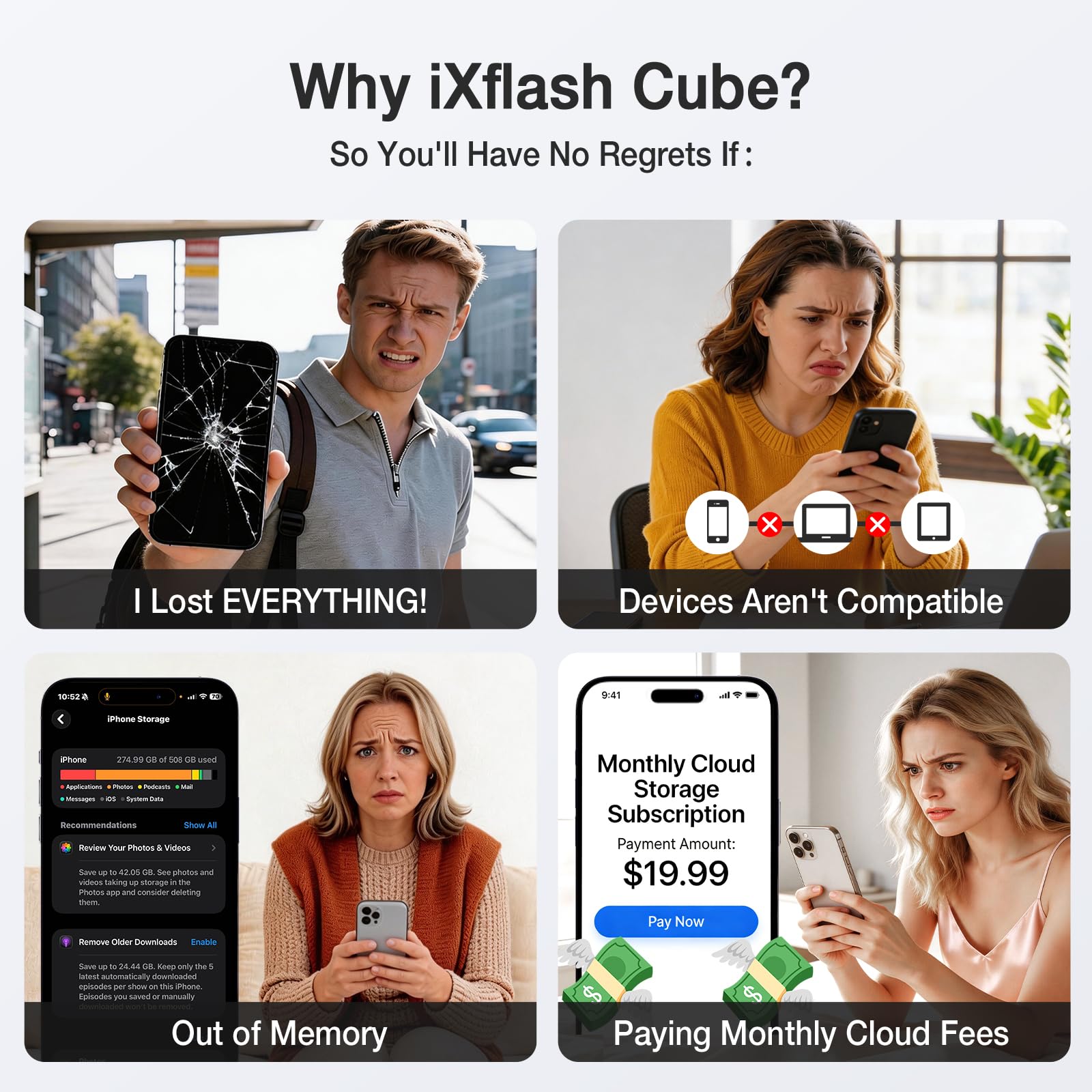 iXflash Cube - Chiavetta USB da 512 GB per iPhone/iPad/Android, backup automatico delle foto durante la ricarica rapida, Apple MFi USB C 3.2 Data Cube Photo Stick Backup Drive, disco rigido