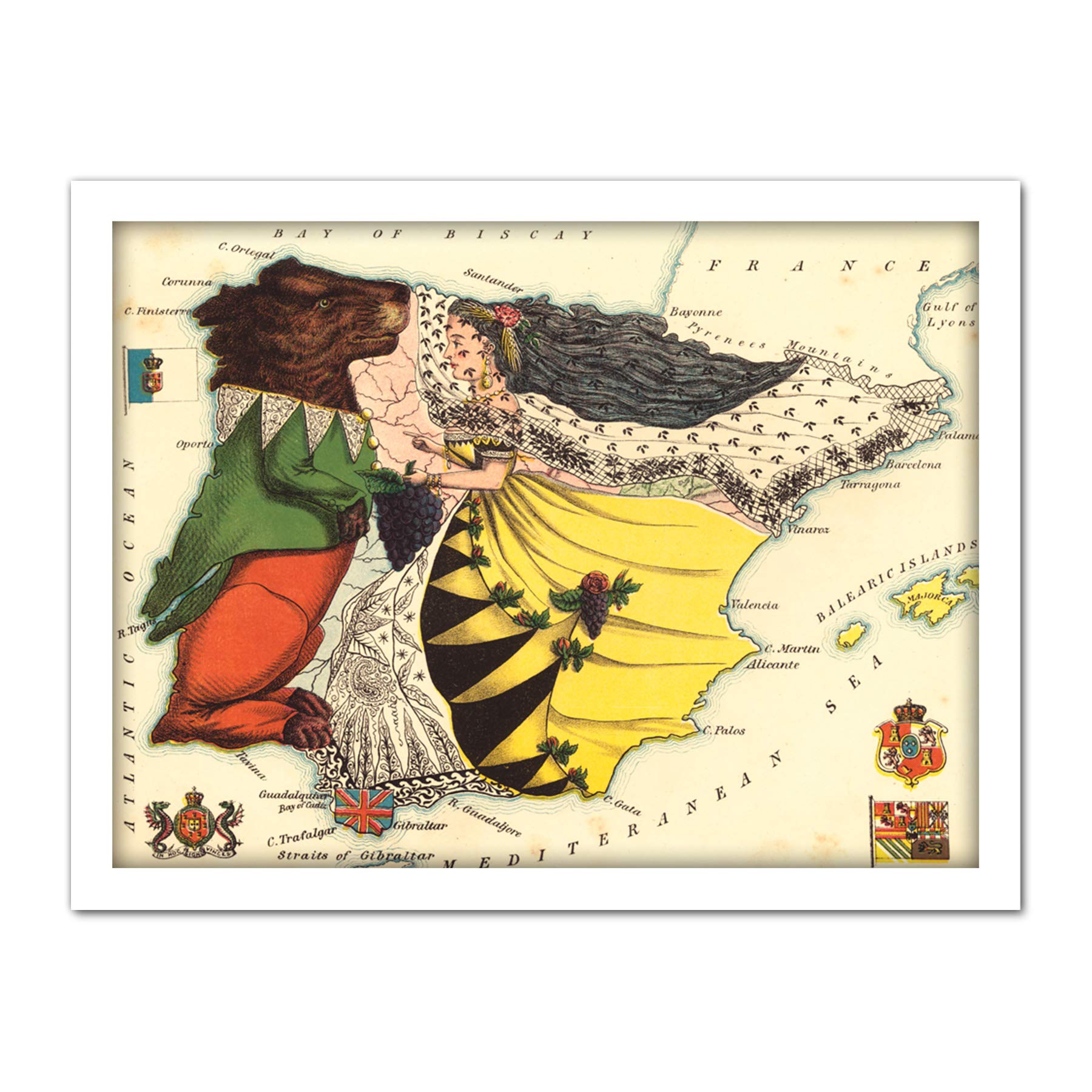 Lancaster 1869 Pictorial Map Spain Portugal Bear Lady Artwork Framed Wall Art Print 18X24 Inch