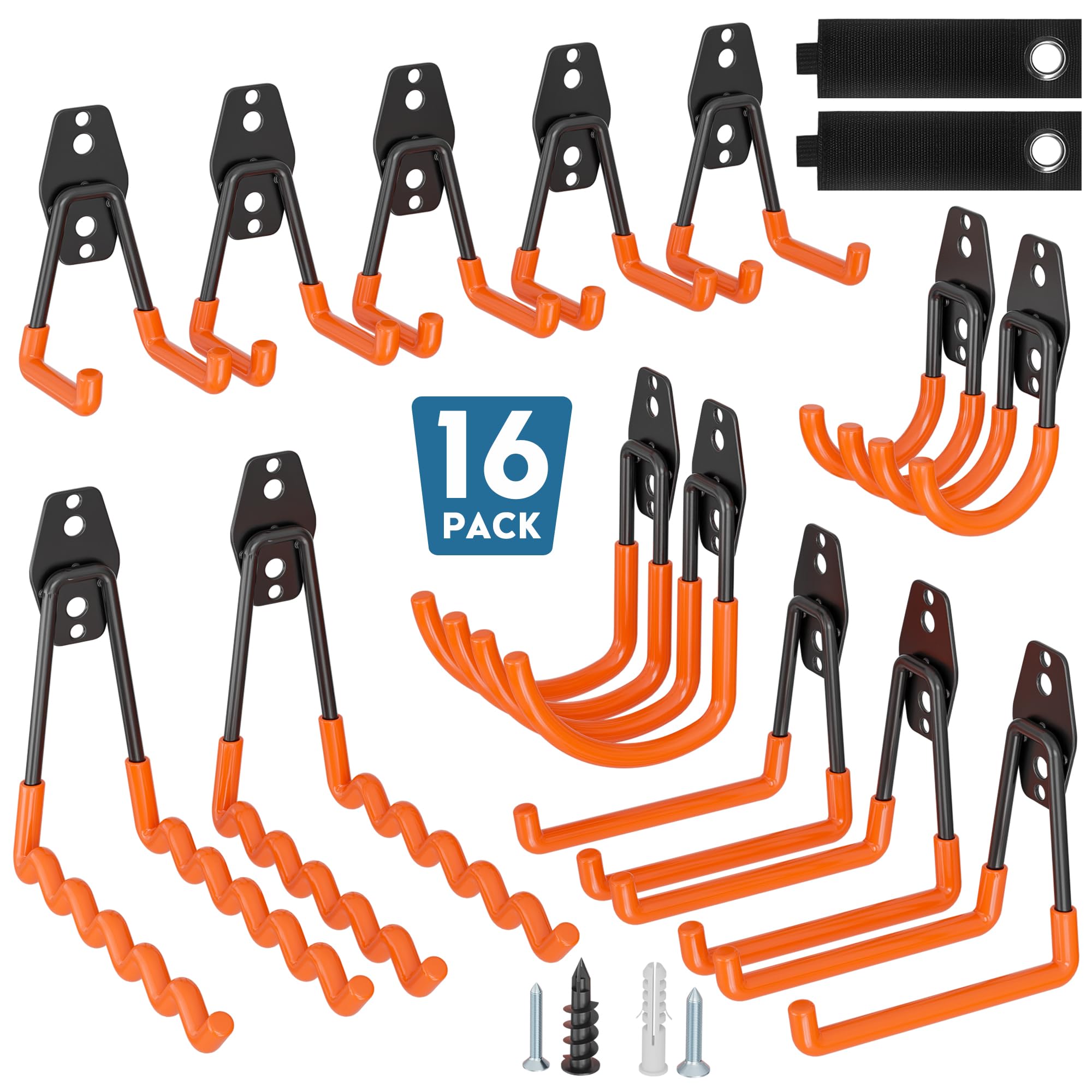 BONTEC Garagenhaken Set, 16 Stück, Schwerlast Wandhaken für Holz/Ziegel/Trockenbau, Fahrrad Wandhalterung, Werkstatt Aufbewahrung, Rostbeständig, Orange, U, J und Wellenhaken, Besenhalterung Wand