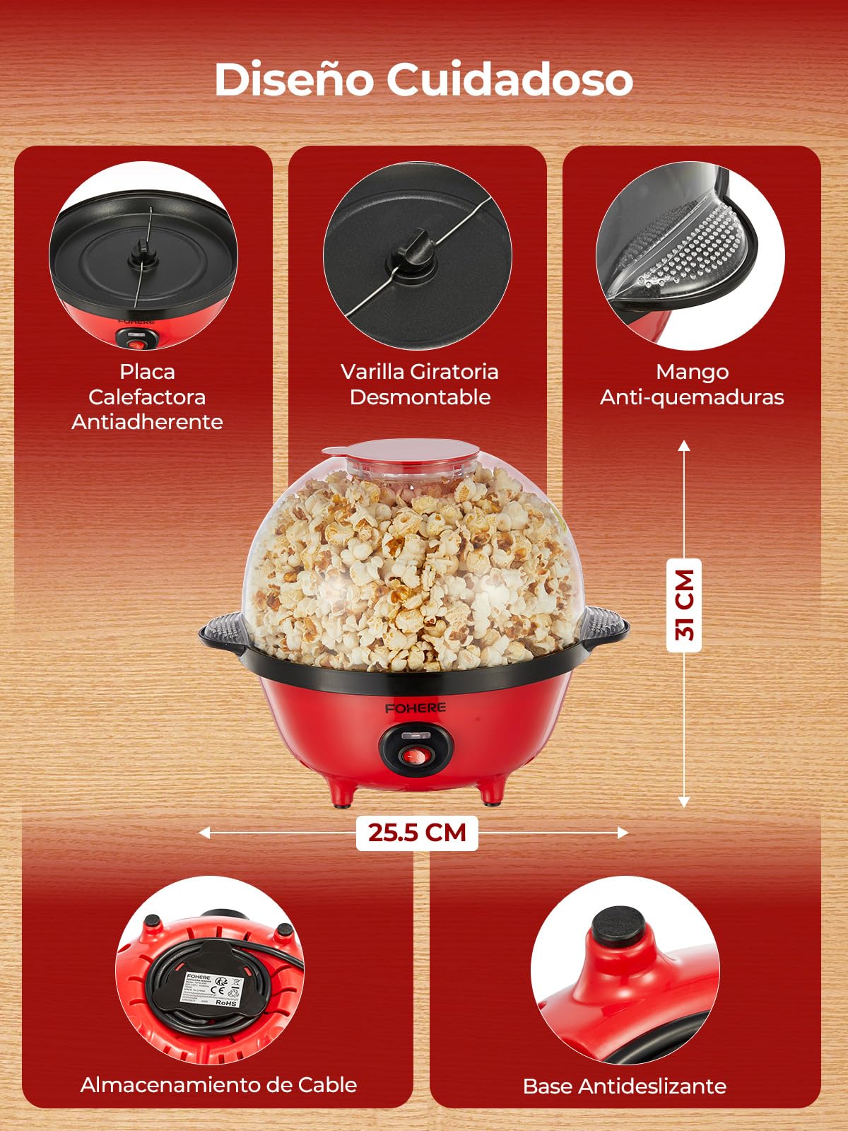 FOHERE 4,5L Palomitero, 700W Maquina Palomitas Incluye 2 Tazas Medidoras de Granos de Maíz, Azúcar y Aceite, Agitación Automática Electrico Palomitera para las Vacaciones y las Noches de Cine, Rojo